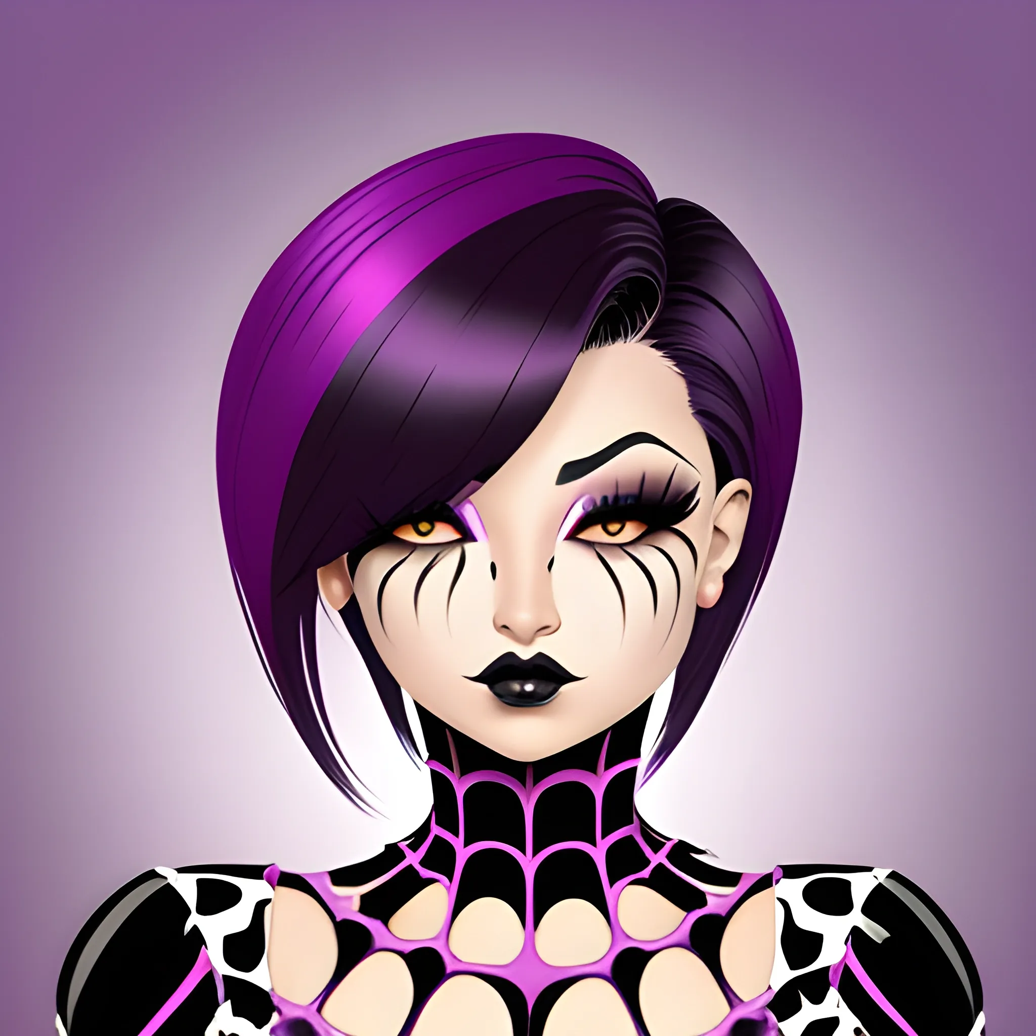  chica con pelo moreno oscuro, traje de araña color morado y negro, ojos marrones, piel calida
, Cartoon