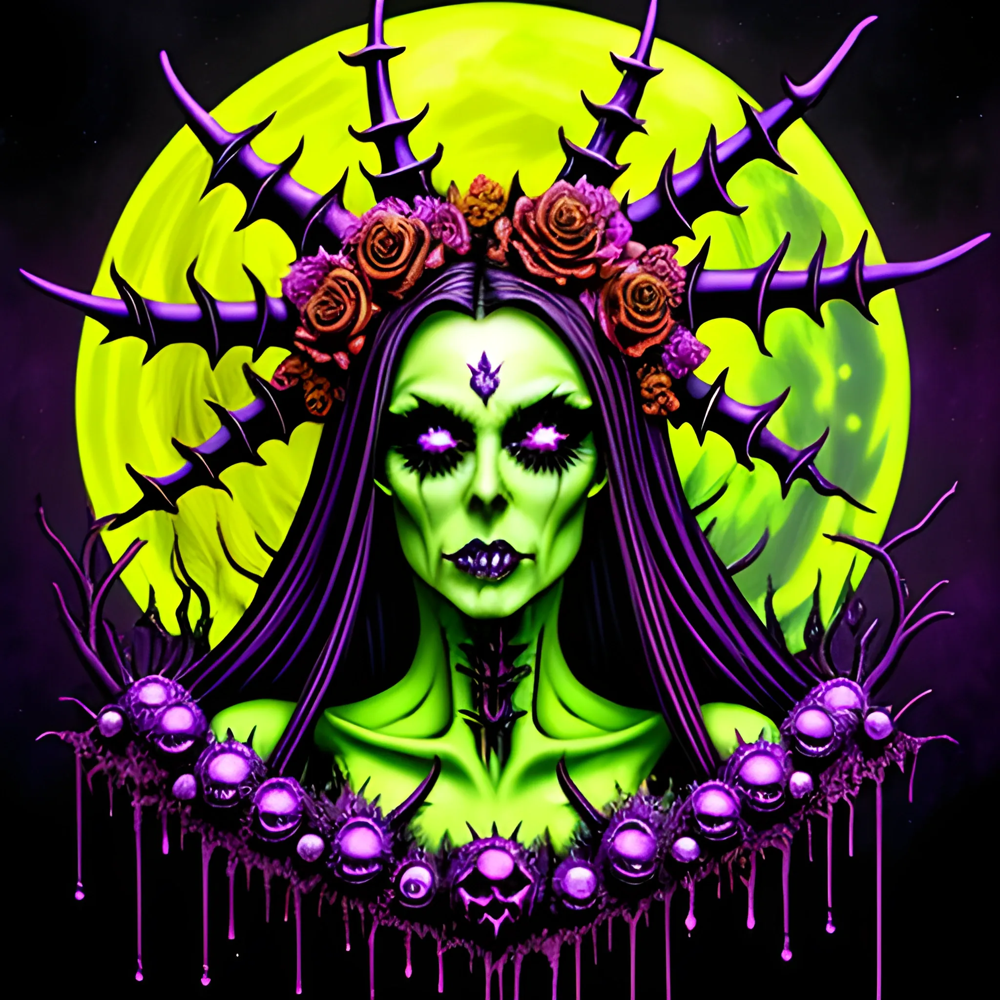 neon grape purple, dayglo orange, chartreuse green, Halloween, a beautiful ghoul wearing a thorny crown adorned with black roses, tiny green skulls and tiny orange pumpkins; Halloween, bats, full moon in a nebula sky, graveyard, neon spray paint, acrylic paint, fantastical surrealist world, in the style of Stephen Gammell and Shawn Coss, extremely detailed, sick, gothic, eldritch, candles