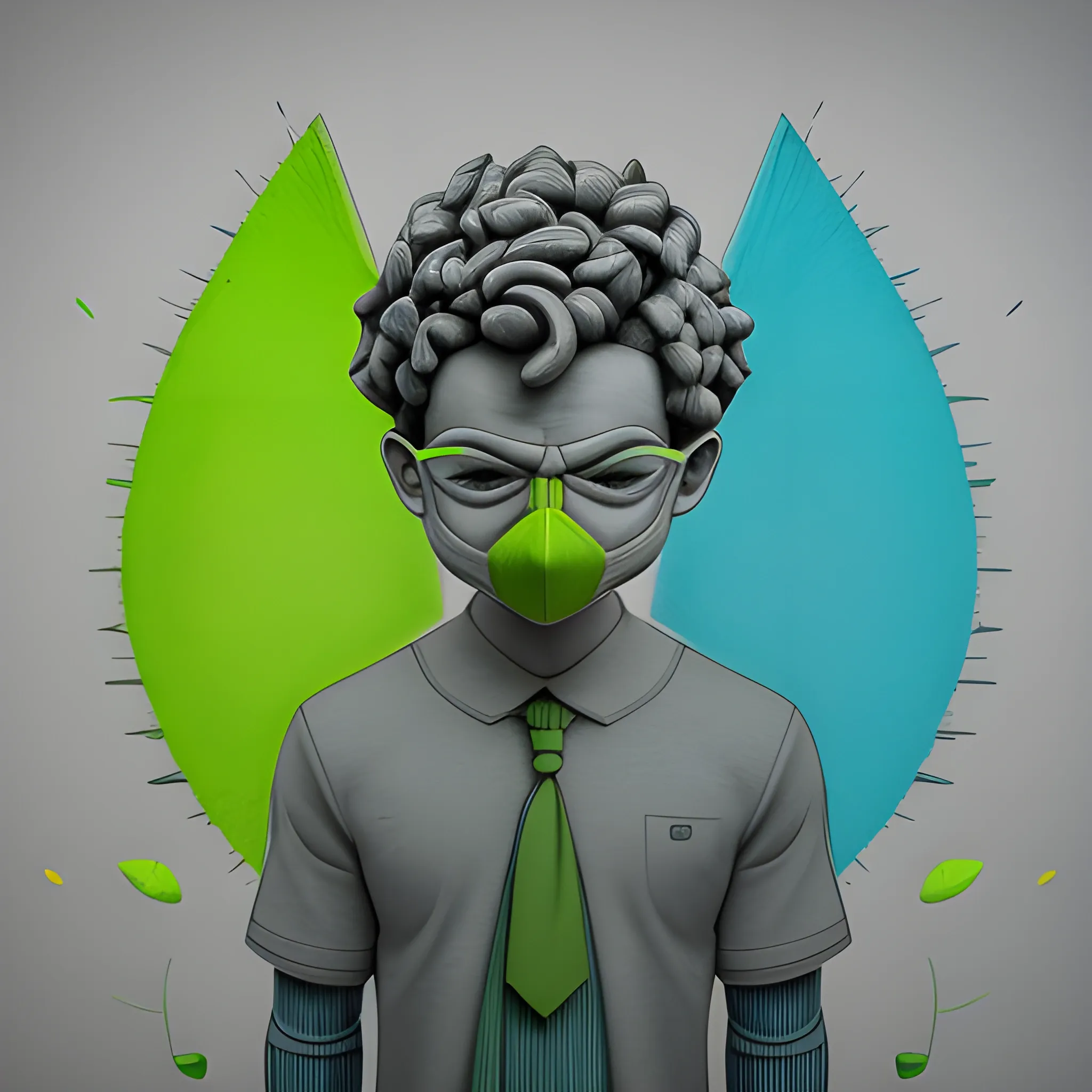 El superhéroe lleva una vestimenta verde y azul, con un símbolo de hoja en el pecho. En sus manos, sostiene un rayo de energía verde que está usando para limpiar la contaminación del aire. 3D, Pencil Sketch, Trippy, 3D, Pencil Sketch