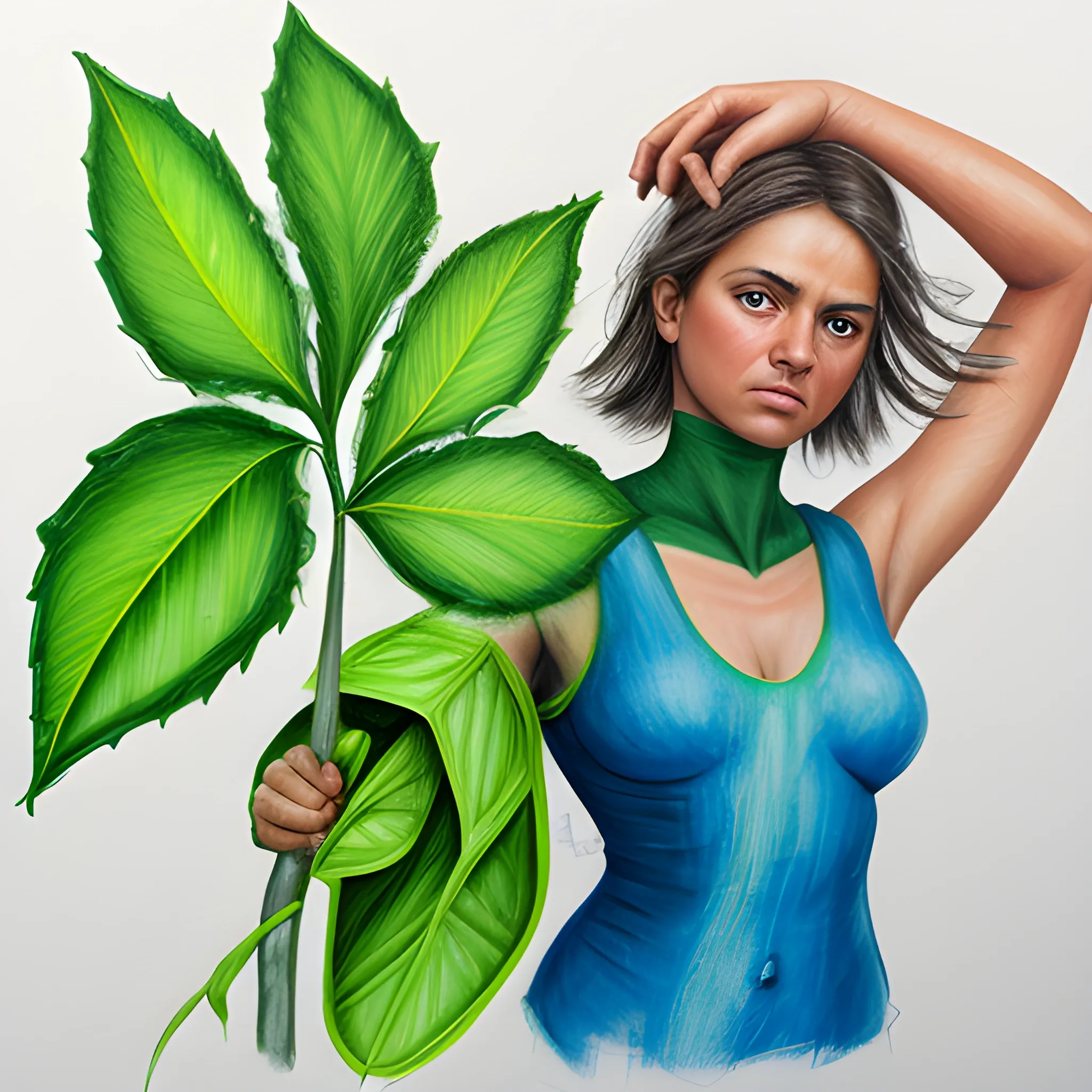 El superhéroe lleva una vestimenta verde y azul, con un símbolo de hoja en el pecho. En sus manos, sostiene un rayo de energía verde que está usando para limpiar la contaminación del aire., Oil Painting, Pencil Sketch