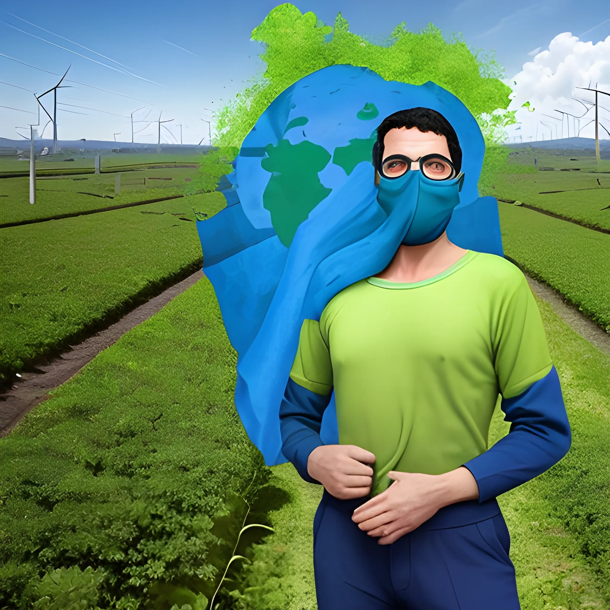 El superhéroe lleva una vestimenta verde y azul, con un símbolo de sostenibilidad ambiental en el pecho. En sus manos, sostiene un rayo de energía verde que está usando para limpiar la contaminación del aire.