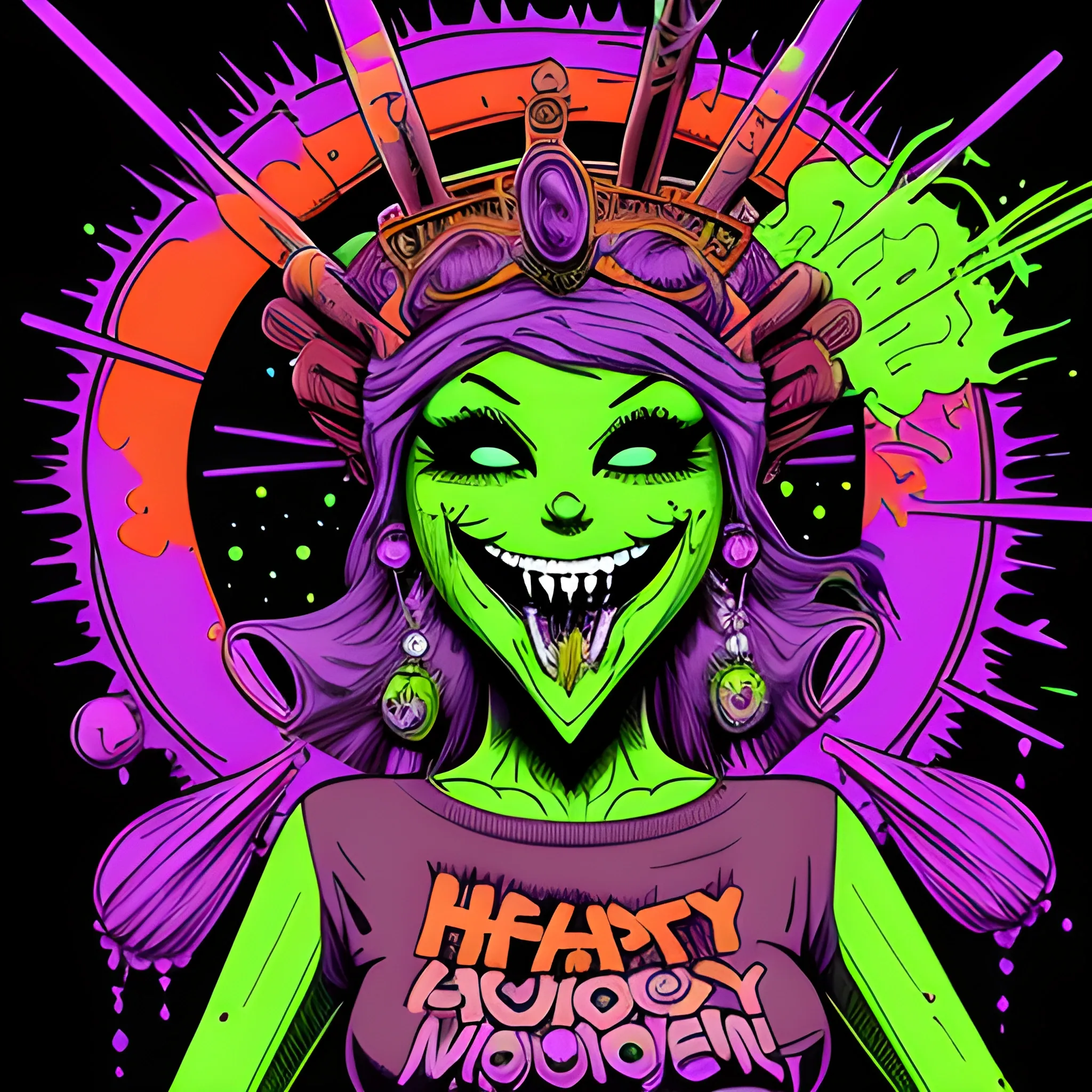 dayglo orange, neon grape purple, chartreuse green, Halloween, amethyst smoking goddess, combine the styles of Munk One and Alex Pardee, trending on deviantart, lowbrow, heavy metal tshirt design, big smile picture, on a black background, luminous color sparkles, nebula sky