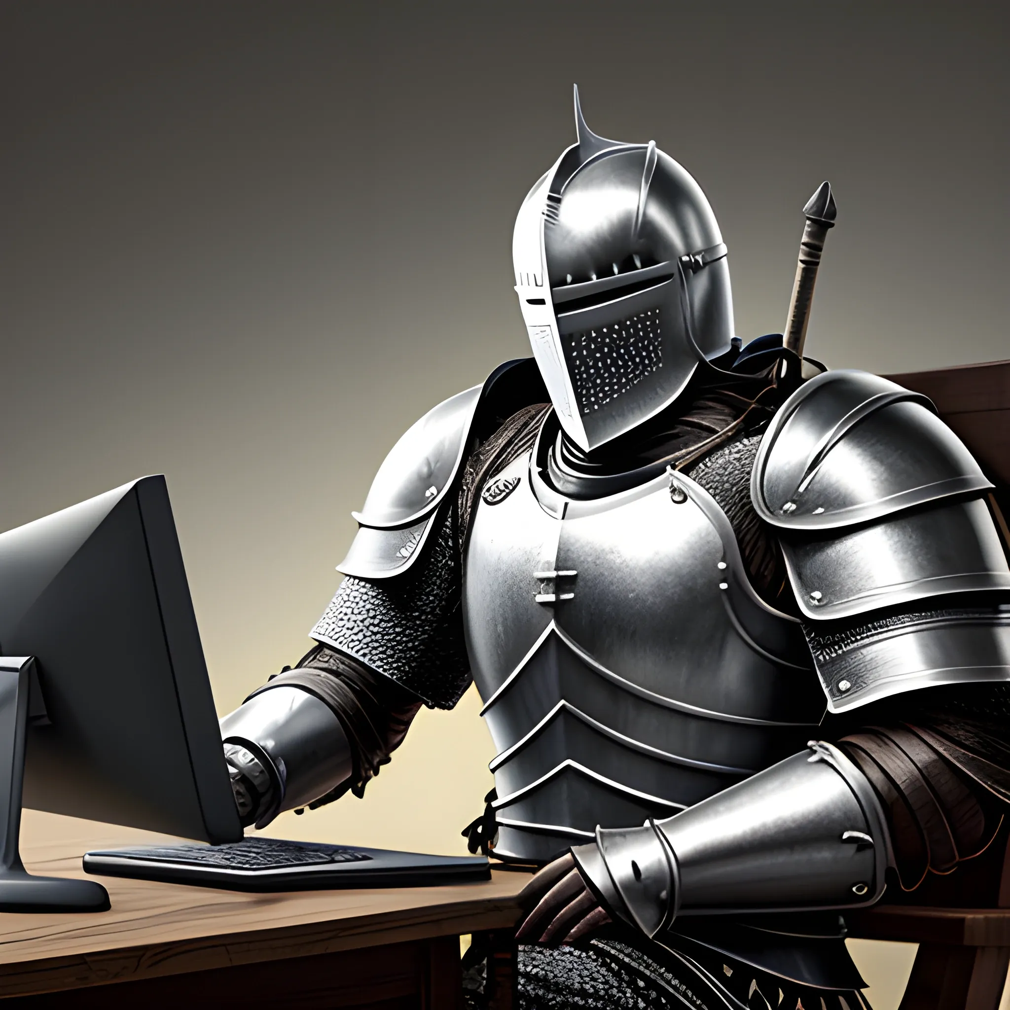 knight in armor on computer server is sitting, 8k resolution