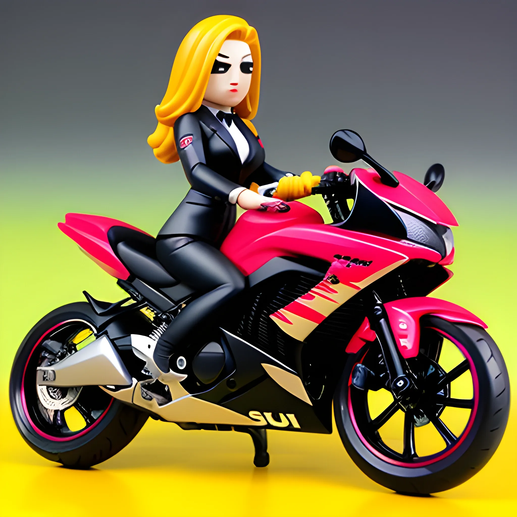 Funko pop style girl in suit in suzuki sportbike