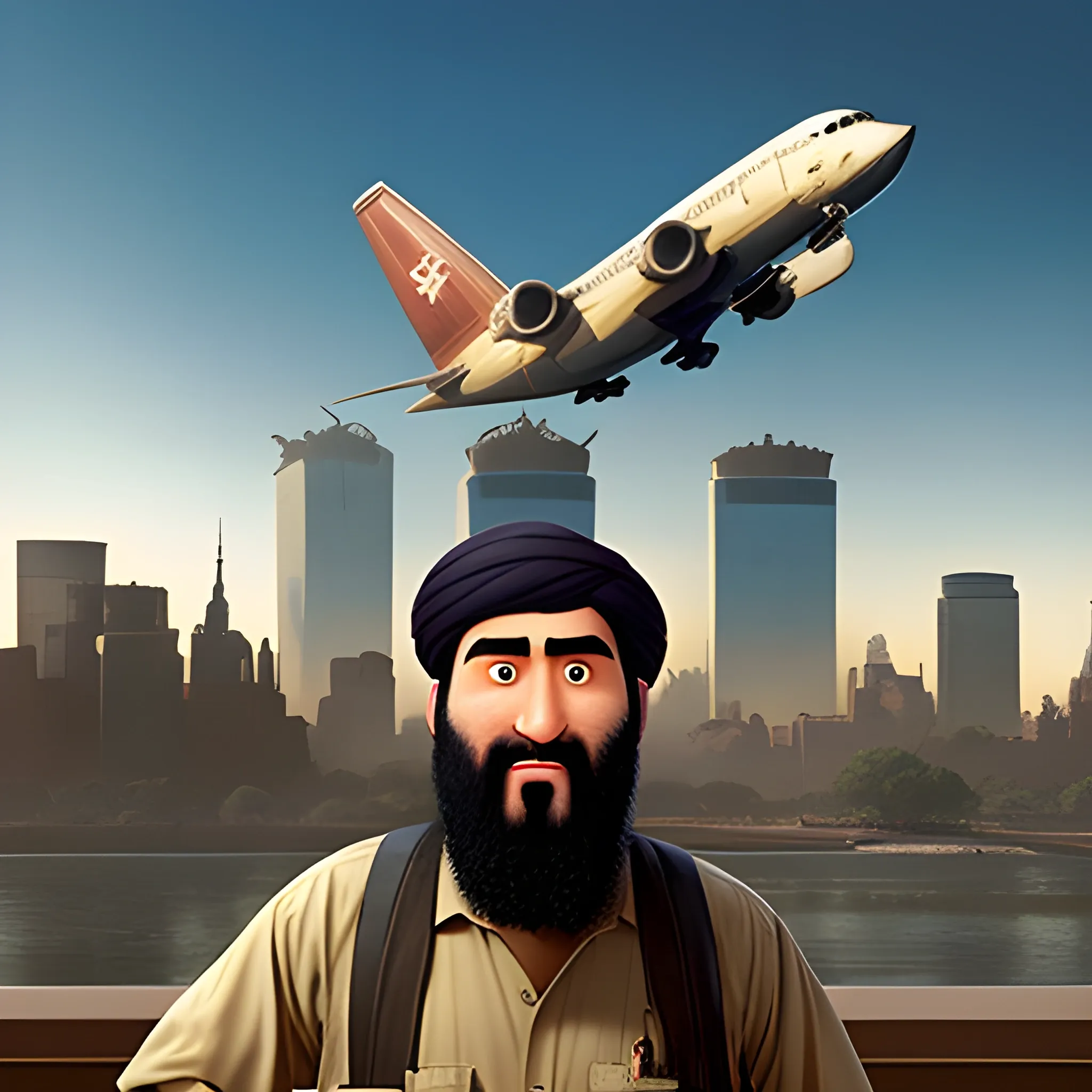 A pixar movie about Osama Bin Laden in front of the twin towers while a plane is stuck in the south tower
