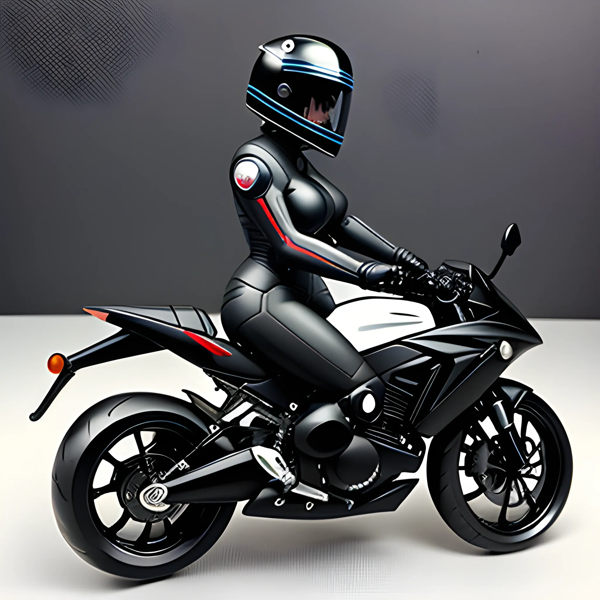 Funko pop style girl in a black motorbike suit and helmet in a black suzuki sportbike