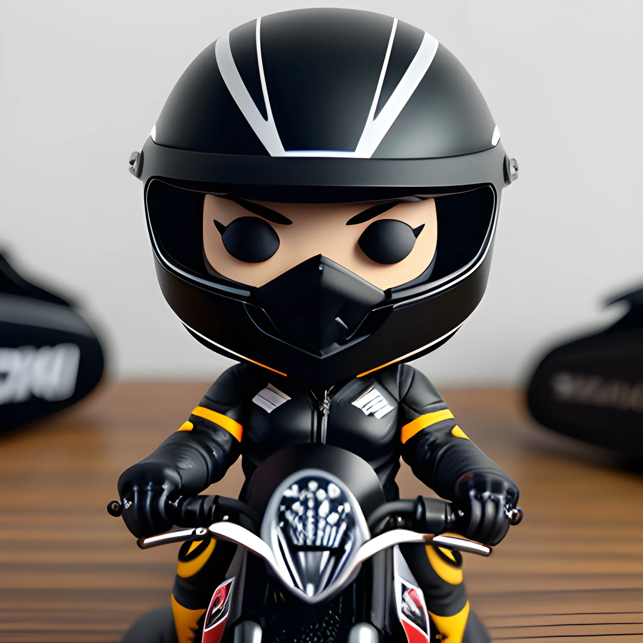 Funko pop style girl in a black motorbike suit and helmet in a black suzuki GS500F
