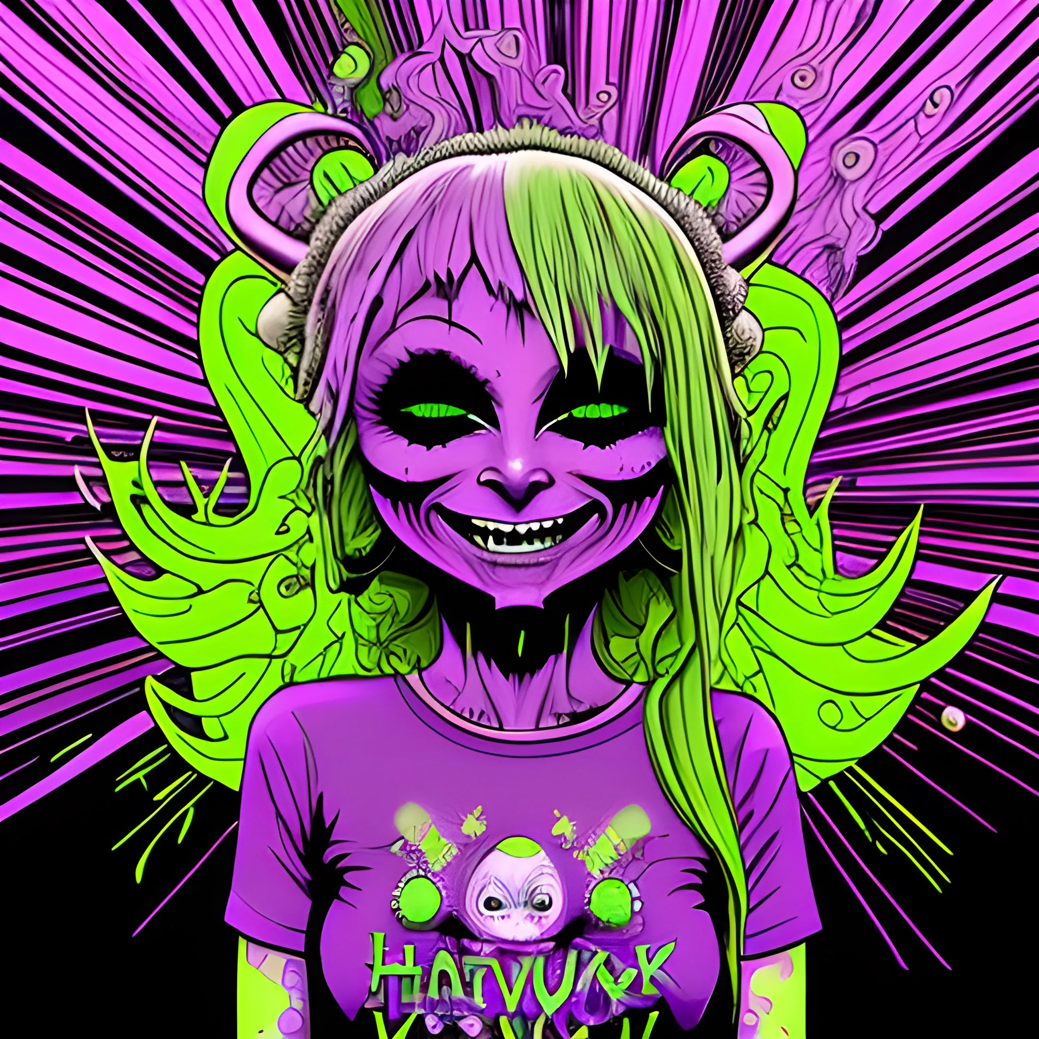 neon grape purple, dayglo orange, chartreuse green, Halloween, amethyst smoking goddess, combine the styles of Munk One and Alex Pardee, trending on deviantart, lowbrow, heavy metal tshirt design, big smile picture, on a black background, luminous color sparkles, nebula sky