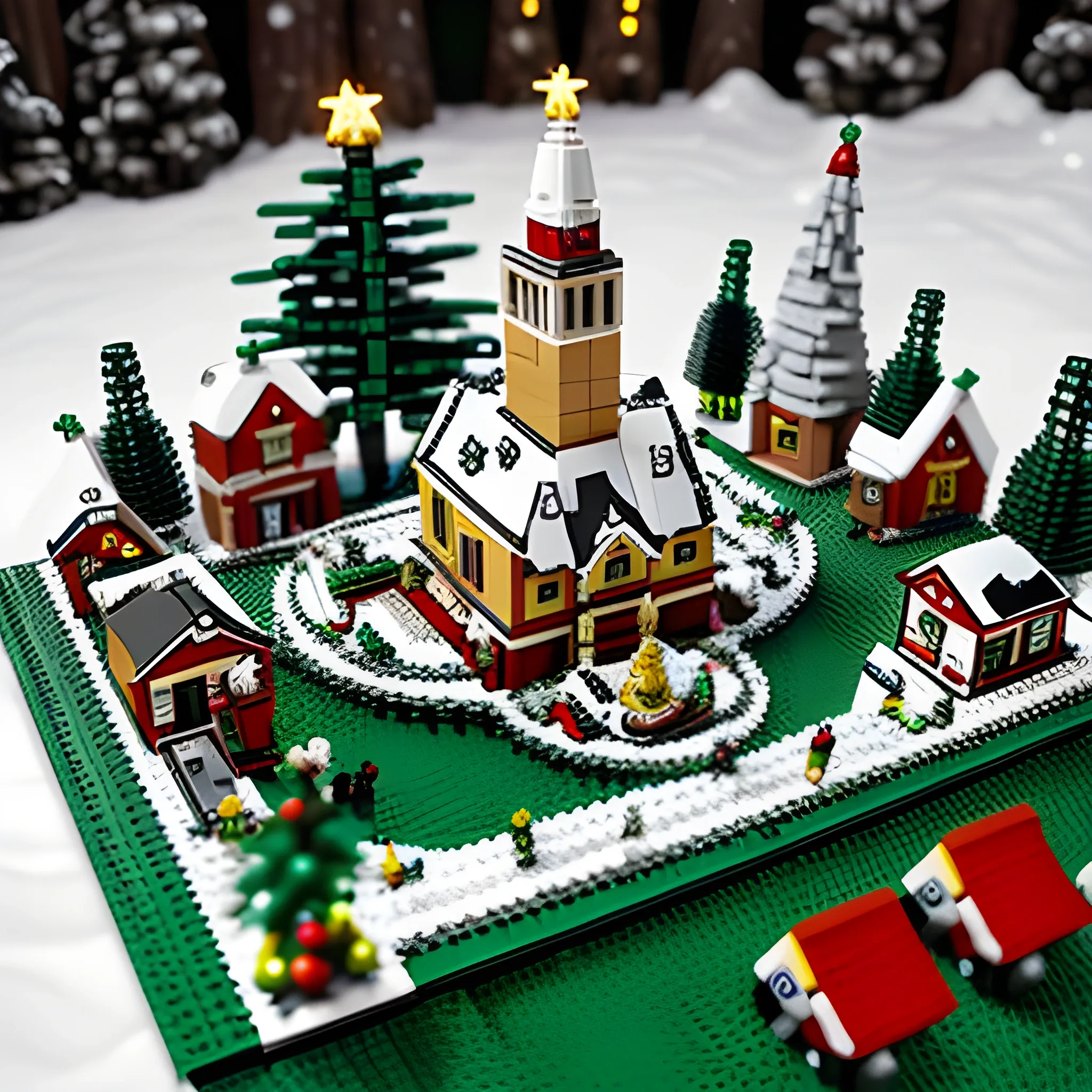 a realistic detailed accurate Lego set of a Christmas celebration on a forested hill