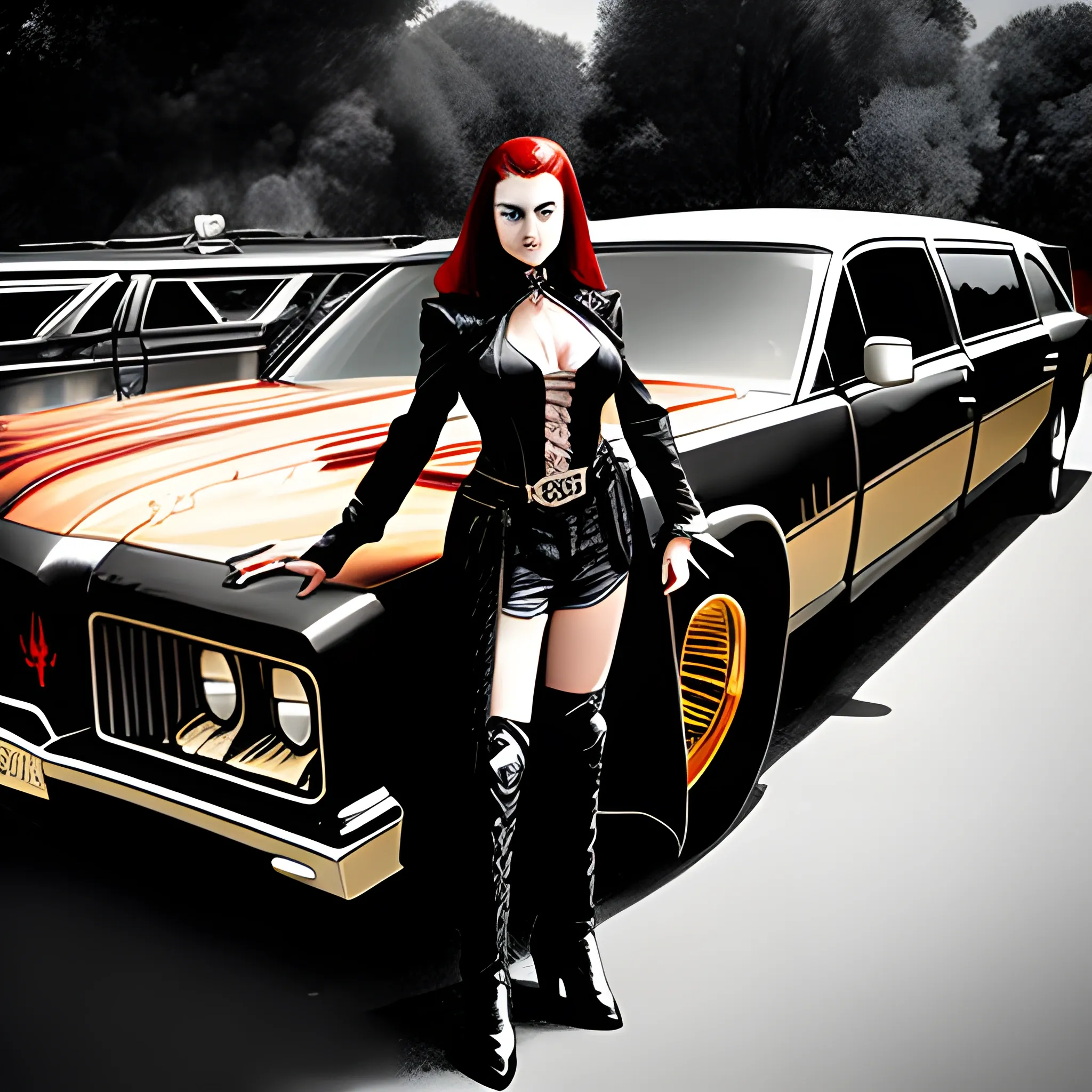 female vampire hunter standing in front of hot rod hearse, Comic book style