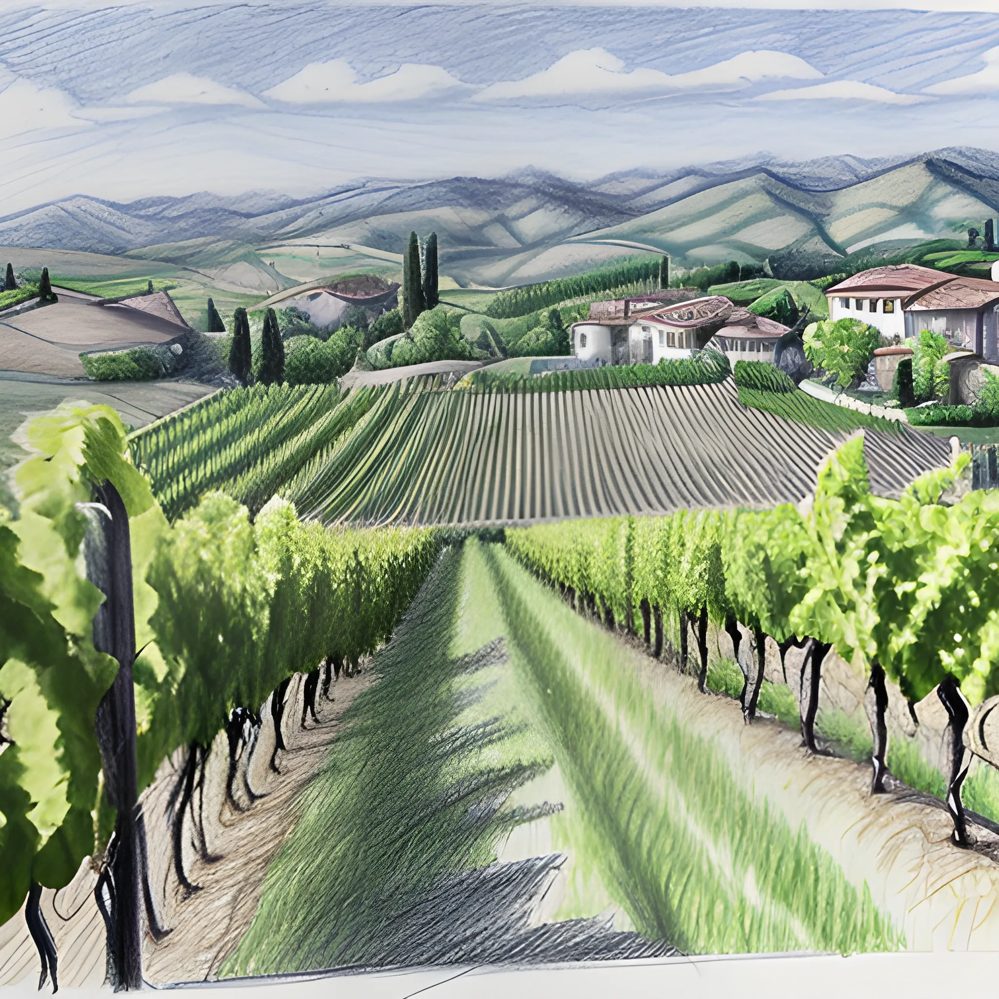 Italian vineyard estates where wines capture sunlight., Pencil Sketch