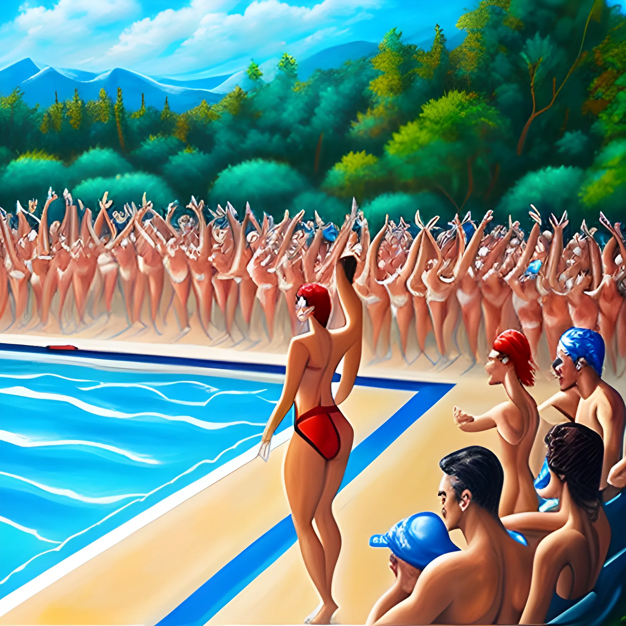 Girl swimming pool with a lot of people dancing beside , Oil Painting