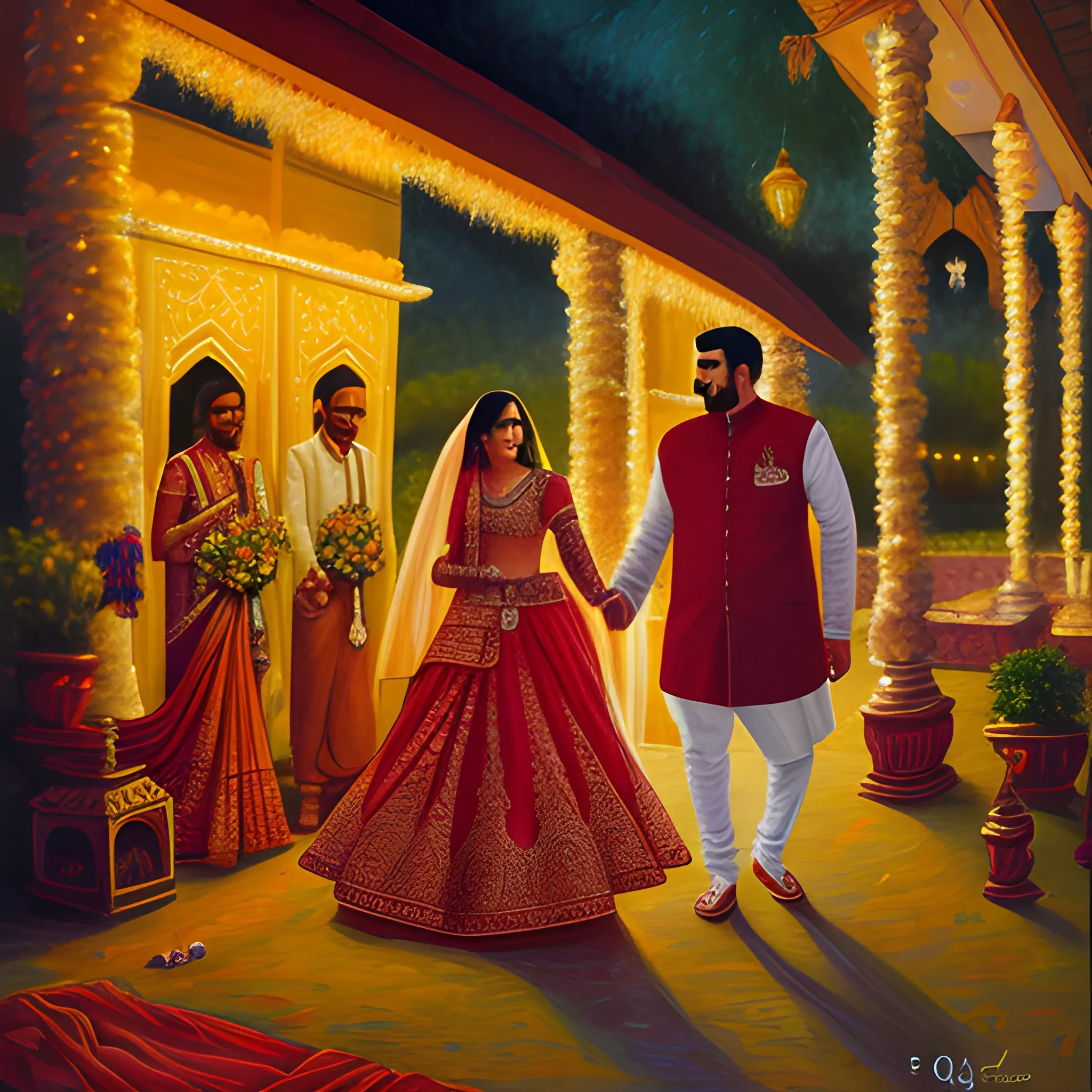 Indian first night wedding night, Oil Painting