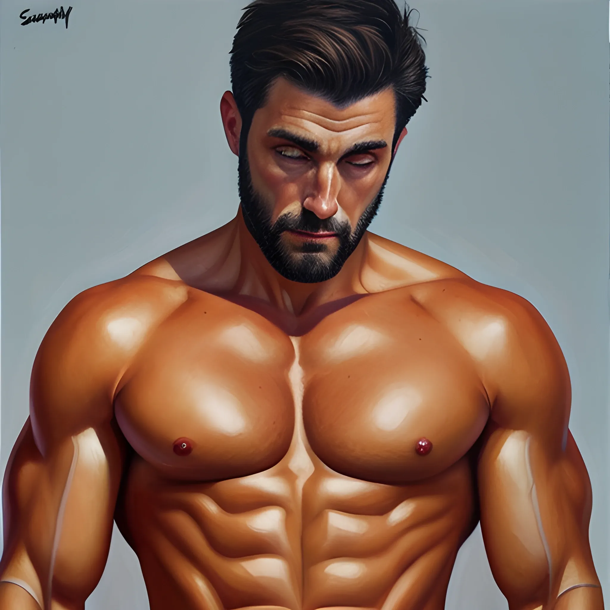 Young fitness boy shirtless, Oil Painting