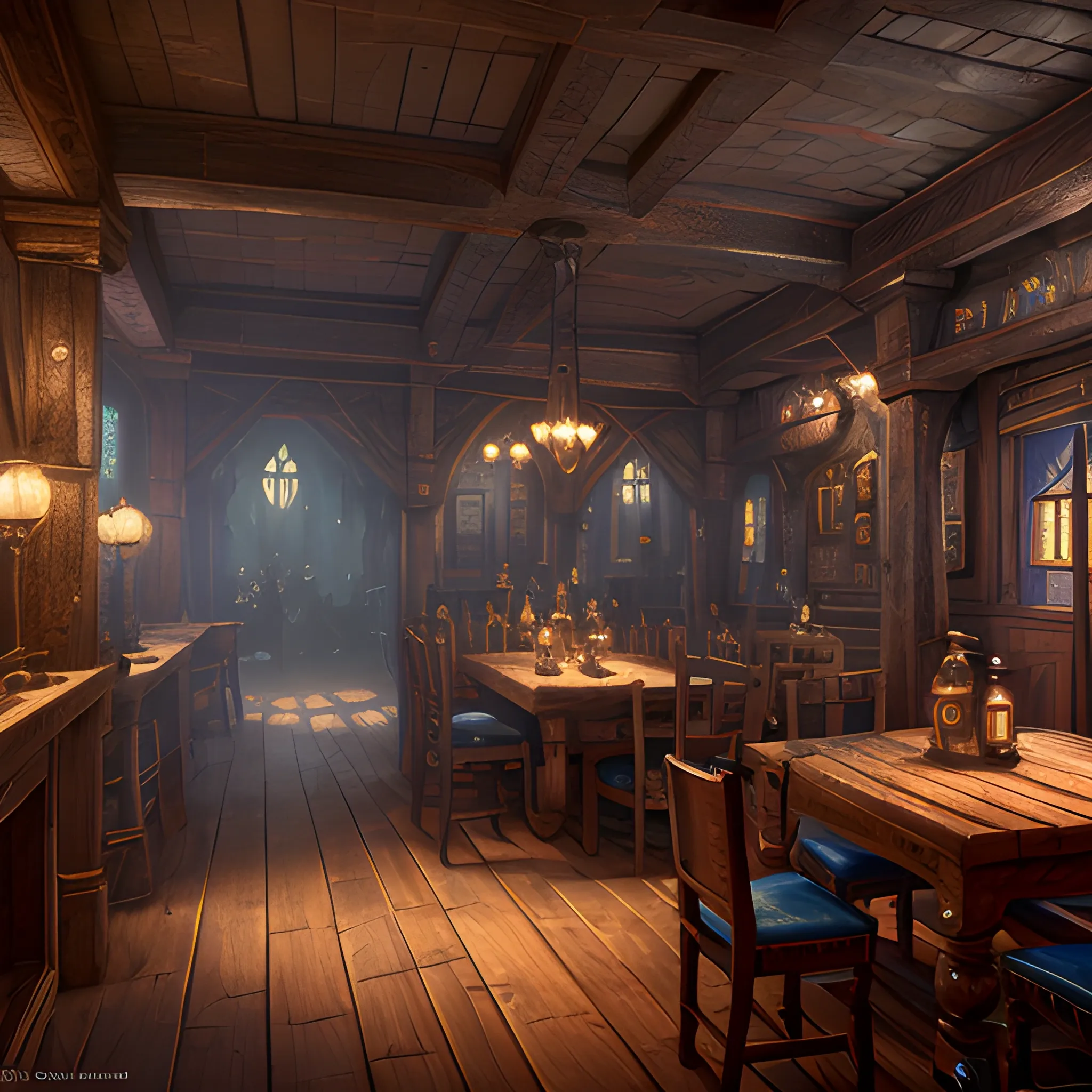 inn, tavern, night, inside, interior, lights, 8k, high resolution, high quality, photorealistic, hyperrealistic, detailed, detailed matte painting, deep color, fantastical, intricate detail, splash screen, complementary colors, fantasy concept art, 8k resolution trending on Artstation Unreal Engine