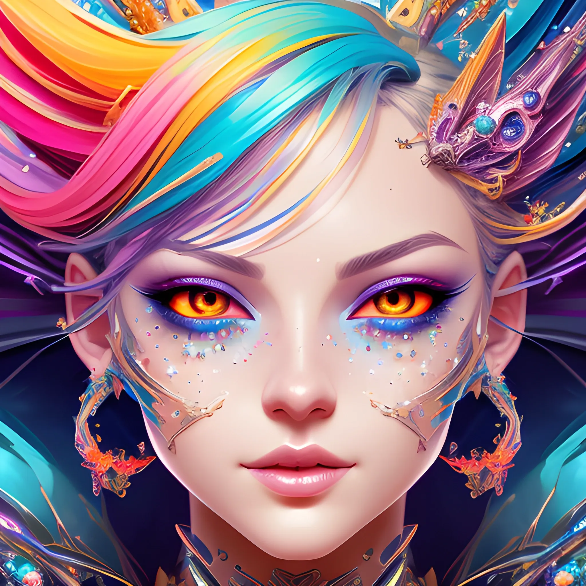 fantasy , colorful , stylish ,
 complex , messy , hyper - detailed , character concept art , beautiful face , ultra - detailed face , twinkling and dazzling and sparkling , dynamic angle , high sense illustration , masterpiece ,8k wallpaper , best quality , perfect surreal composition
