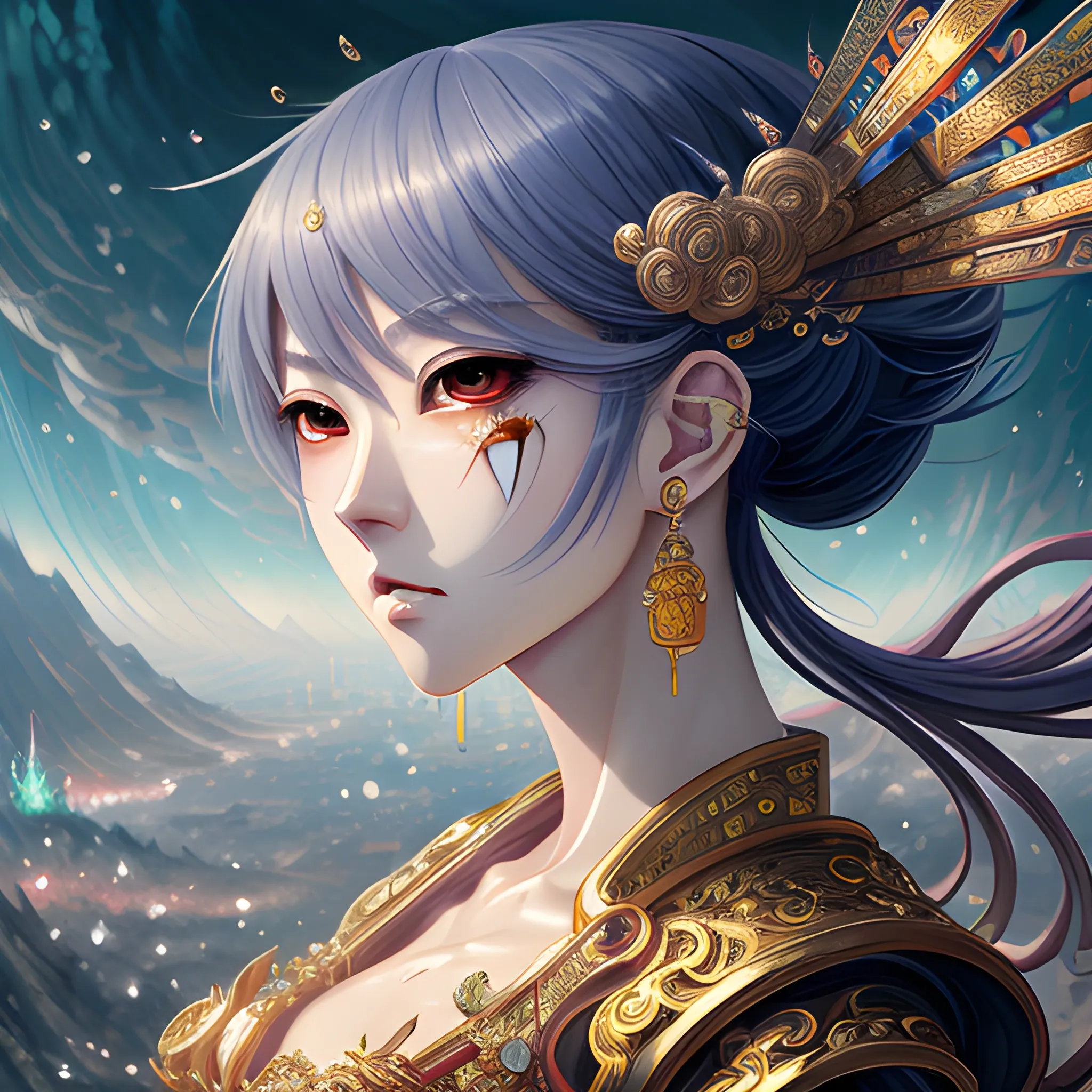 fantasy manga, stylish , oil painting, Chinese style
 complex , messy , hyper - detailed , character concept art , beautiful face , ultra - detailed face , twinkling and dazzling and sparkling , dynamic angle , high sense illustration , masterpiece ,8k wallpaper , best quality , perfect surreal composition
