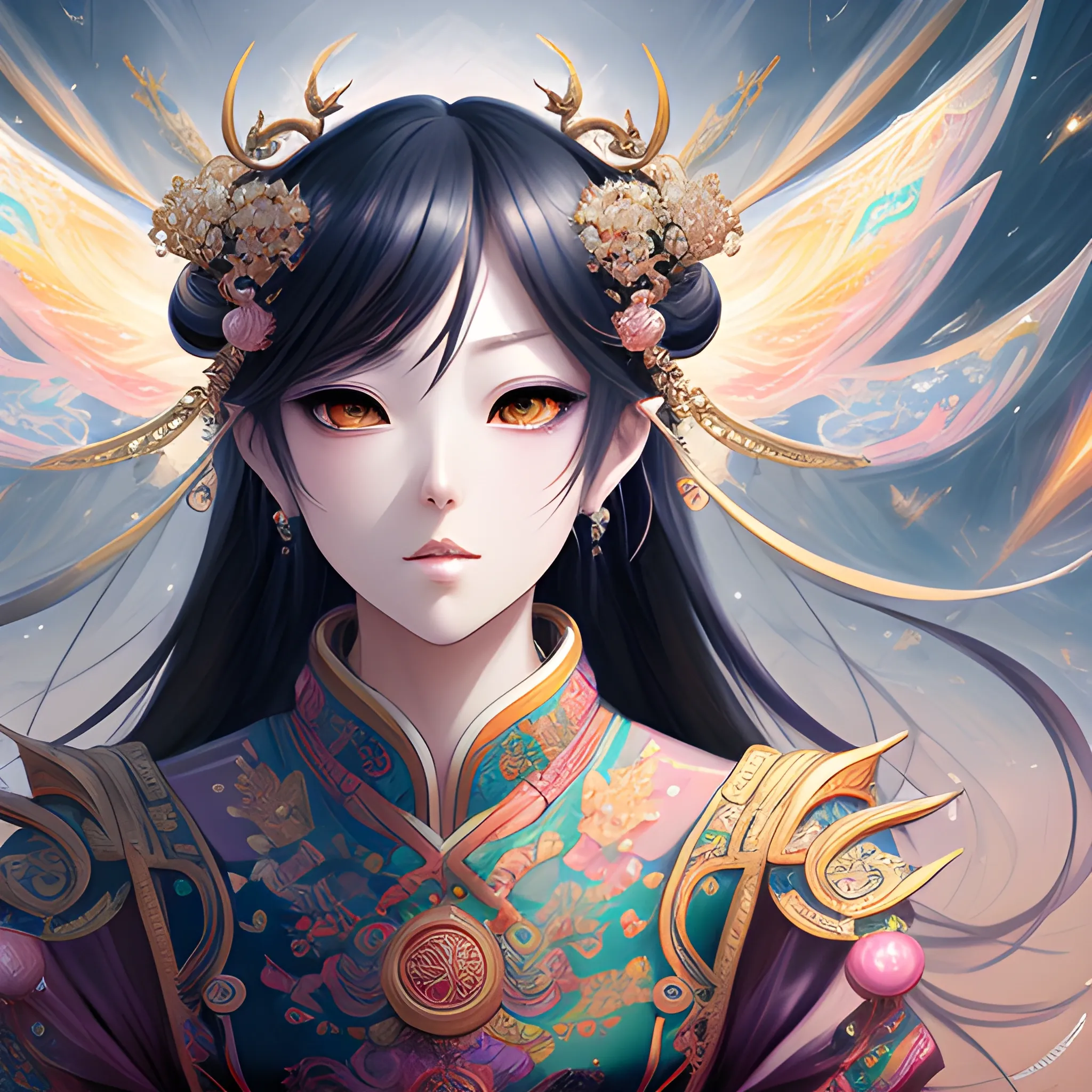 (never ending dream)fantasy manga, stylish , oil painting, Chinese style
 complex , messy , hyper - detailed , character concept art , beautiful face , ultra - detailed face , twinkling and dazzling and sparkling , dynamic angle , high sense illustration , masterpiece ,8k wallpaper , 