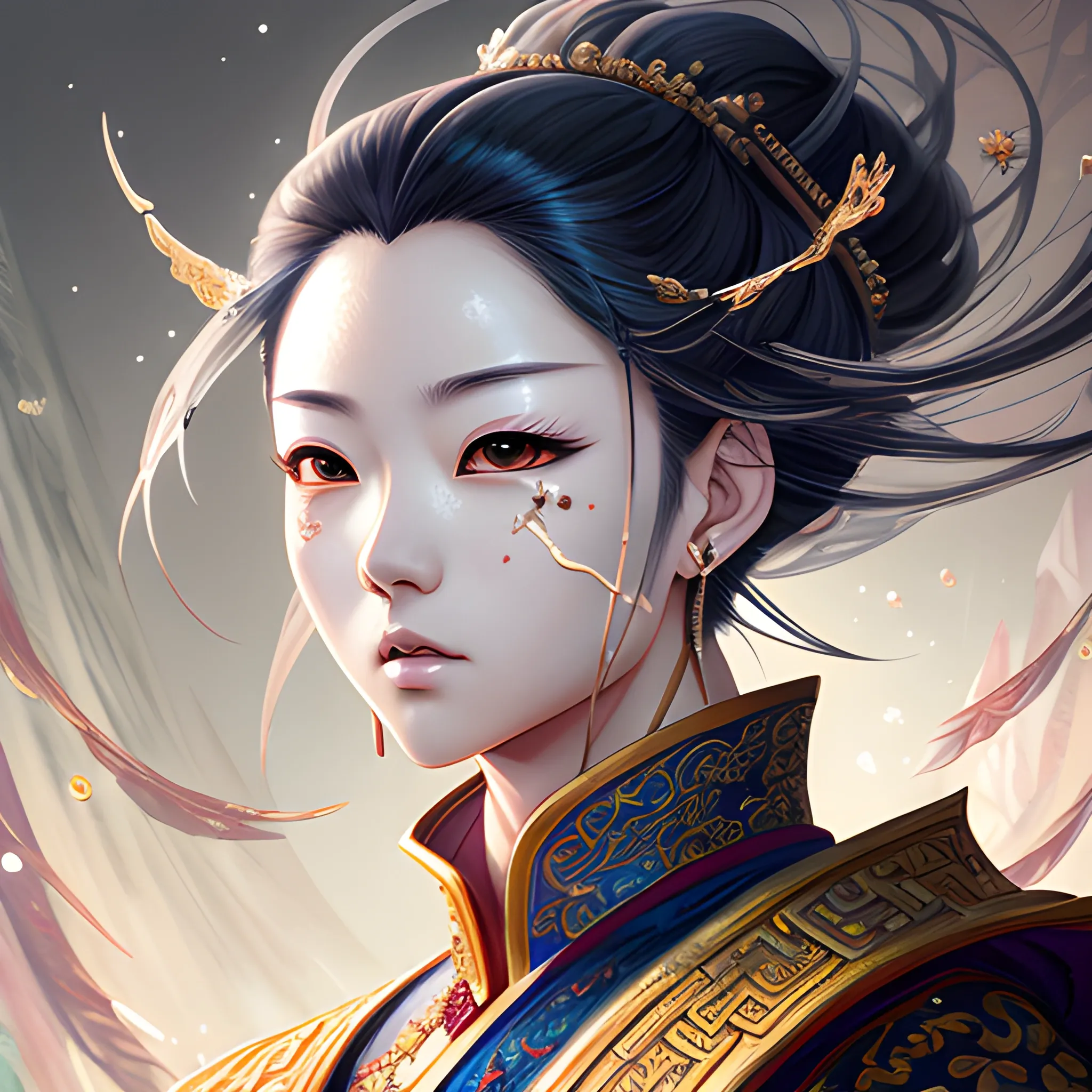 (GuoFeng3)fantasy manga, stylish , oil painting, Chinese style
 complex , messy , hyper - detailed , character concept art , beautiful face , ultra - detailed face , twinkling and dazzling and sparkling , dynamic angle , high sense illustration , masterpiece ,8k wallpaper , 