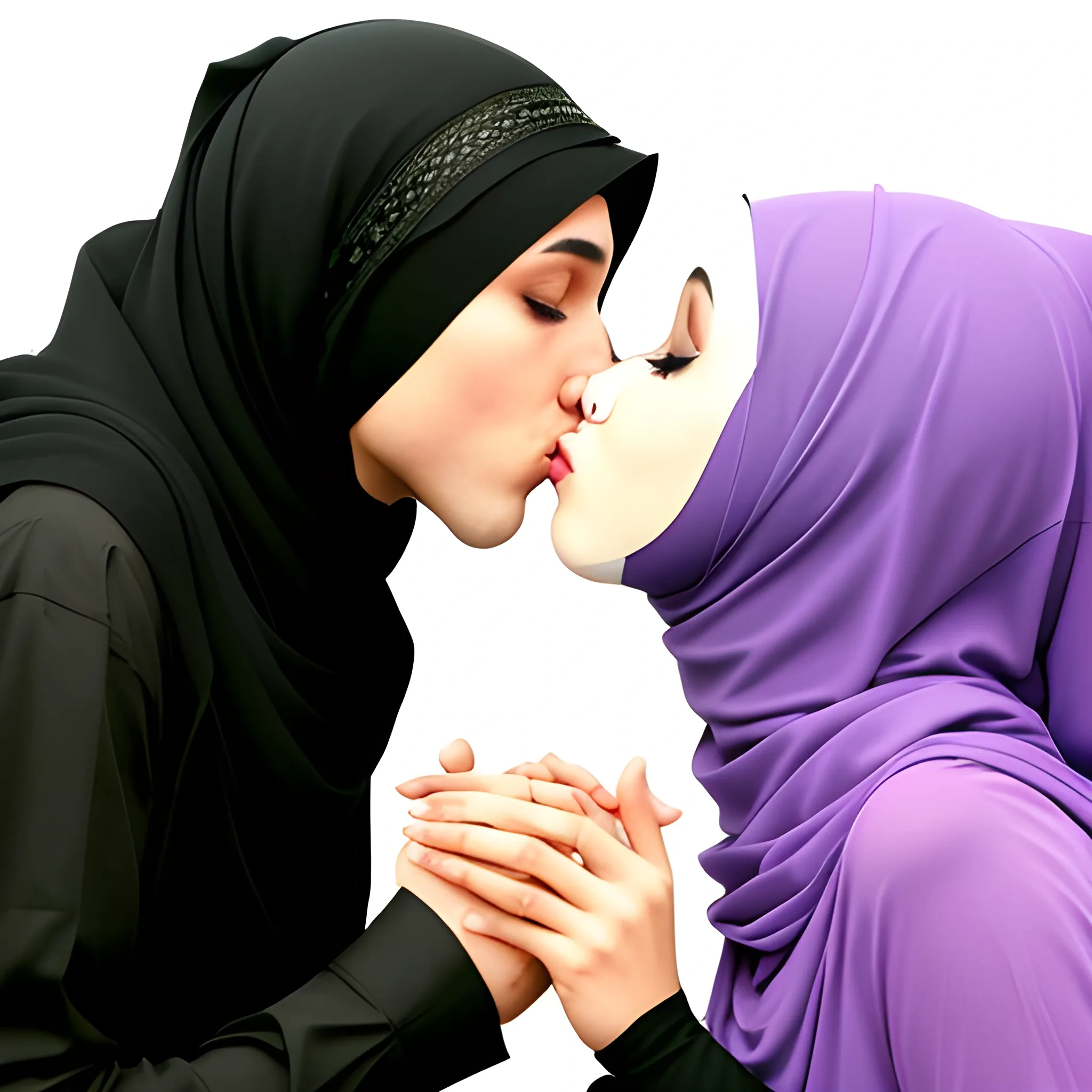 two man kiss a hijab woman