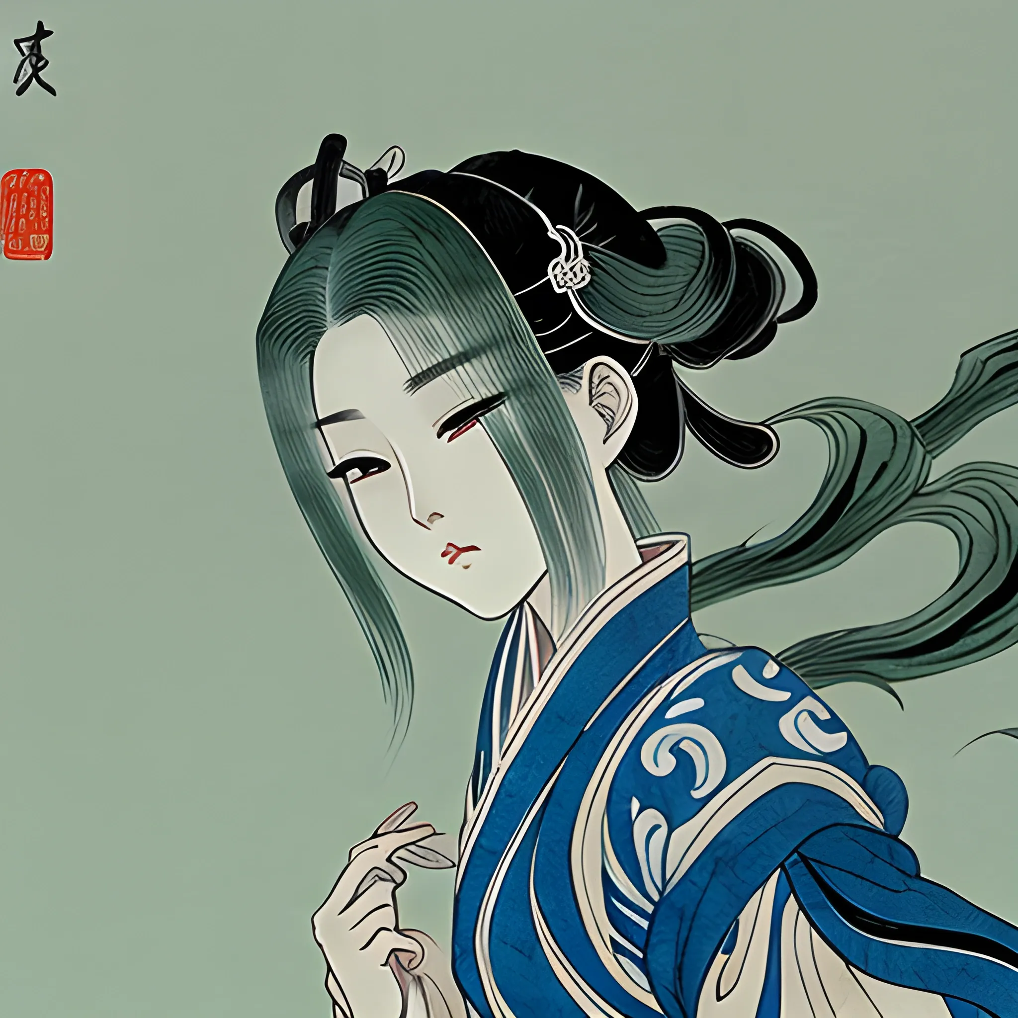 (GuoFeng3)fantasy manga, stylish , Chinese ink painting, Chinese style, wearing Chinese costumes, Chinese ancient artist Qiu Ying style , blank - leaving , freehand brushwork green and blue color
