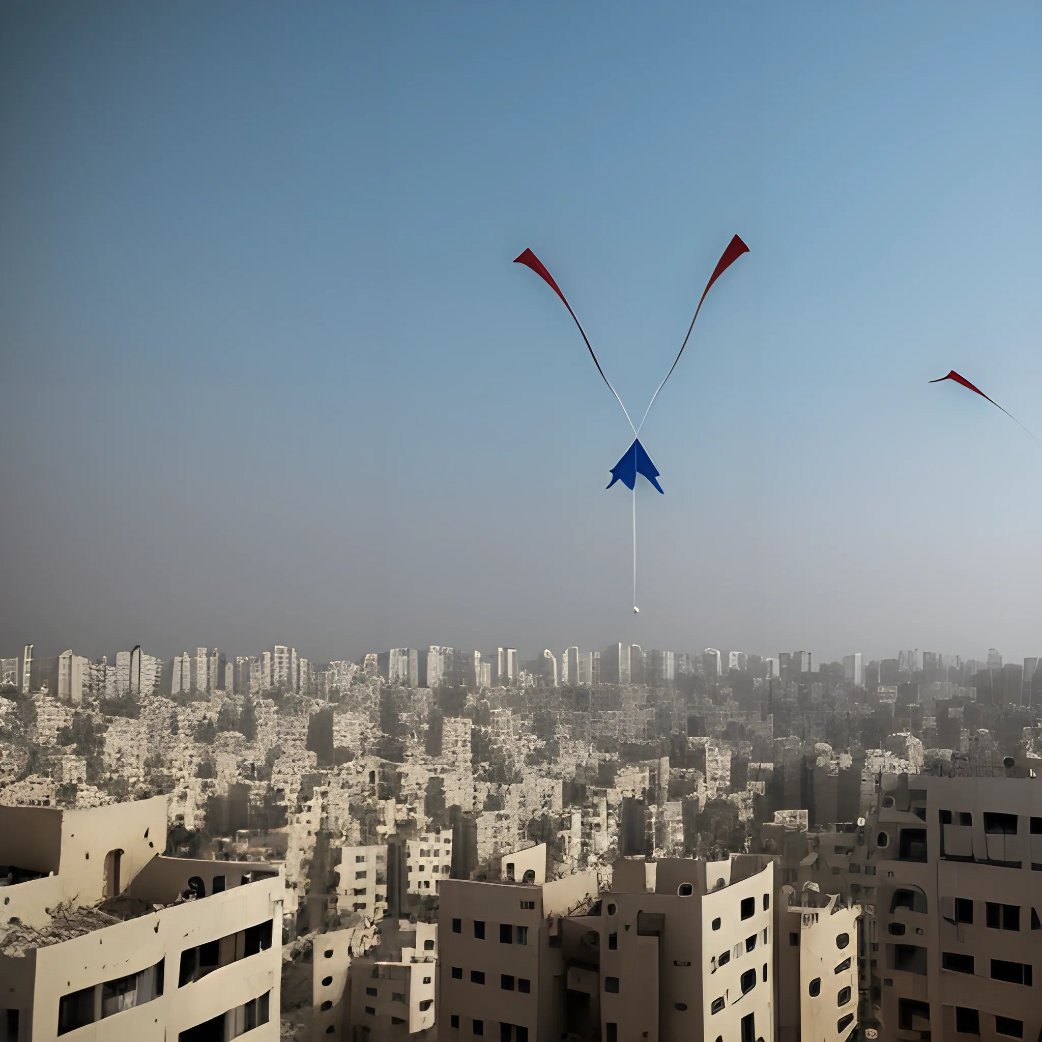 low kids moving and flying like angels shaped, in ghaza palastine, Rockets bearing Israeli flags fall from the sky, buildings are destroyed, realistique, 4K. portrait shot, 