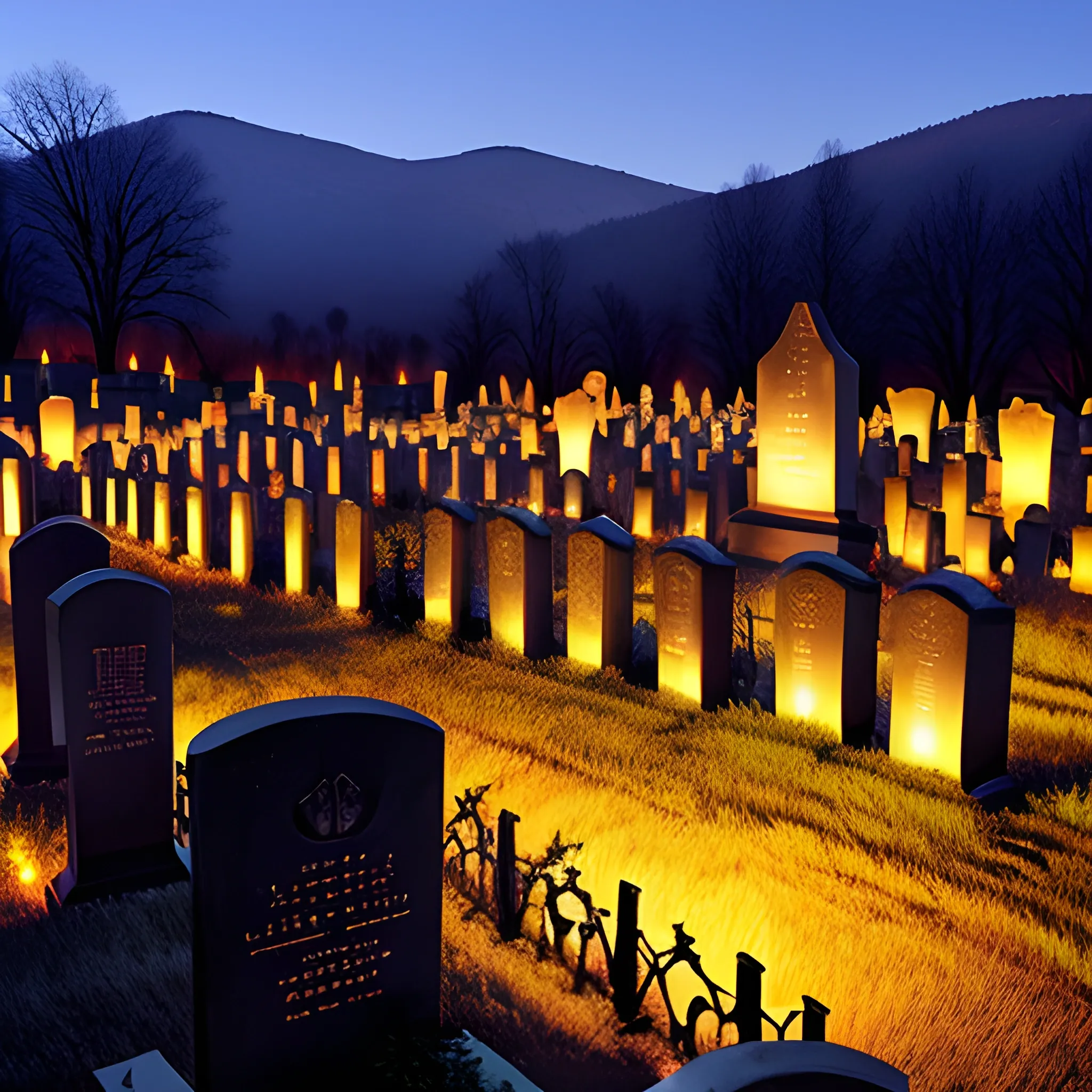 a graveyard at night filled with thousands of undead with a small mausoleum with a glowing entryway on a hill in the background