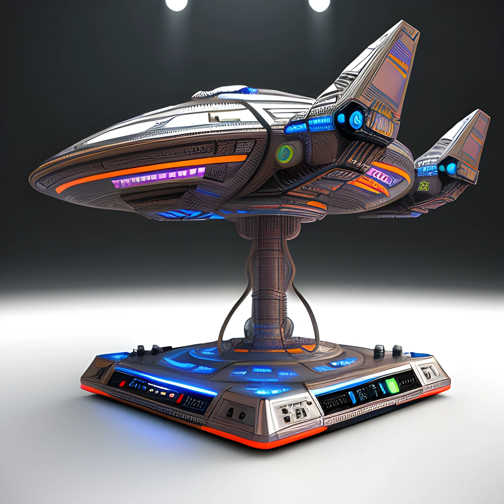 sci fi cyborg dj stage space ship  3d, best quality, masterpiece, detailed texture, ultra high res, photorealistic, intricate details, colorful, rich color,