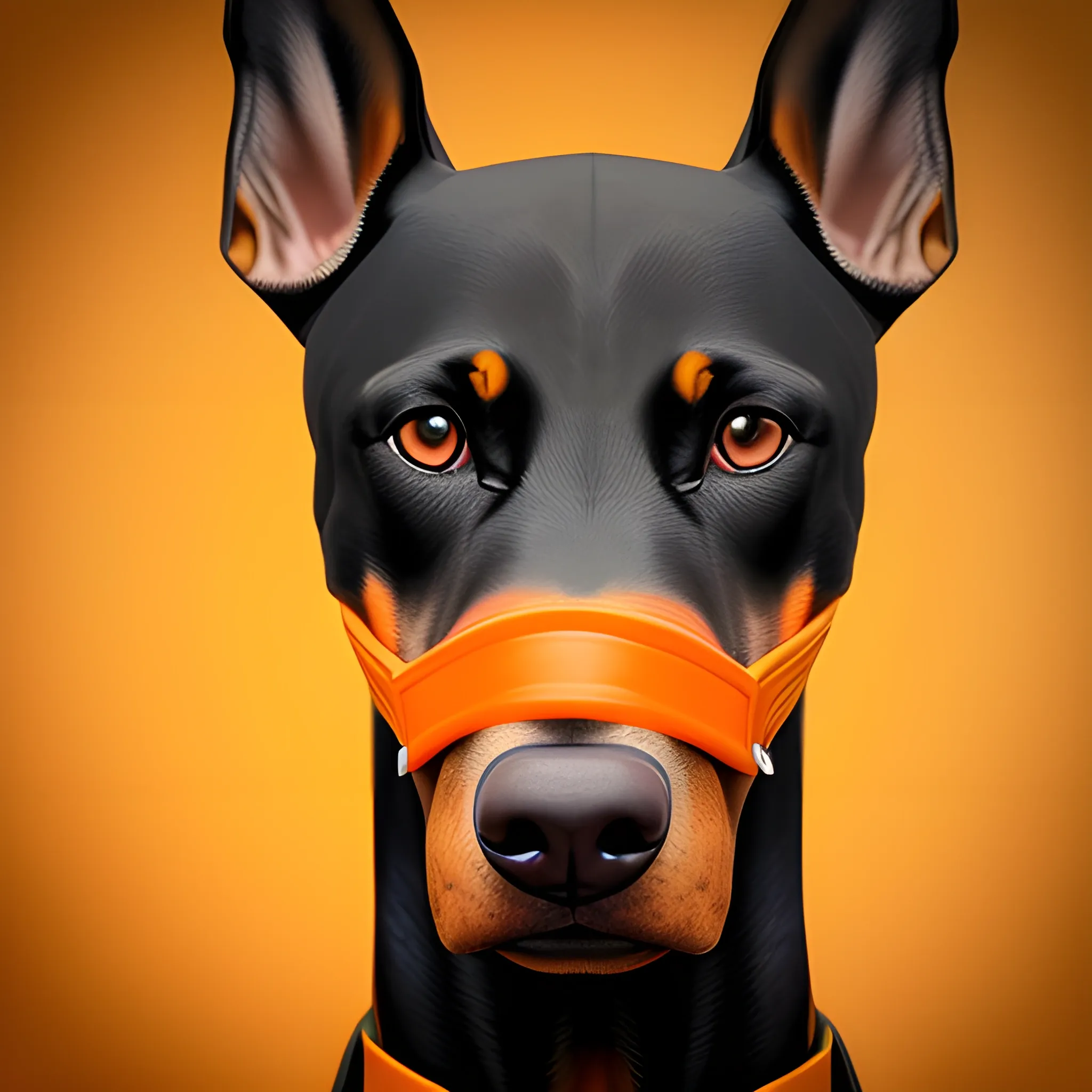 genera una imagen de un perro doberman estilo guerrero qeu tenga mirada fija y penetrante , en accion y muy musculoso, de color negro amarillo y fuego de cuerpo entero tipo luchador, 3D