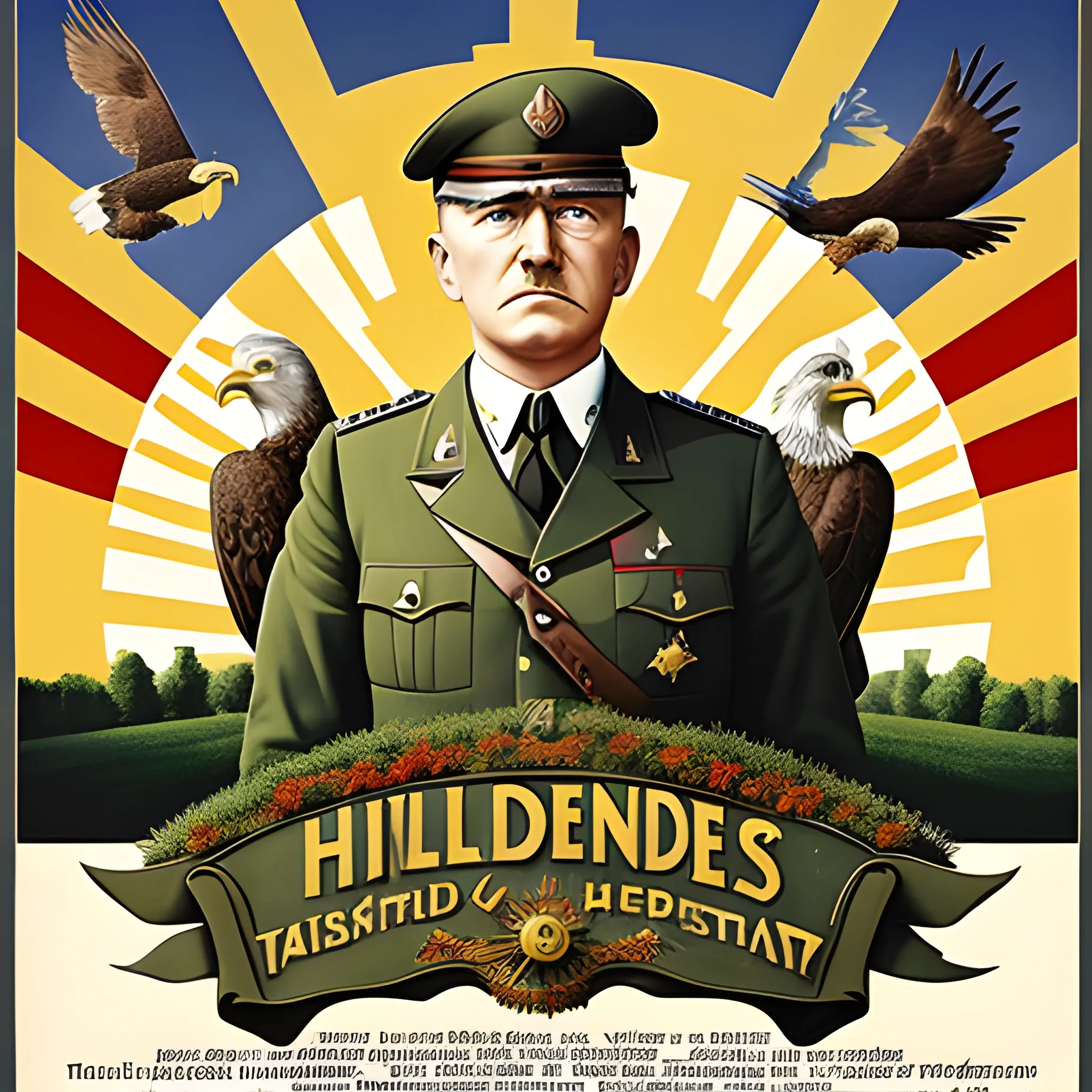 A Disney poster has a field with germanic soldiers and an eagle front the sun for the background. Adolf Hitles is on the frontground and there are write « third reich » with disney typography., 3D