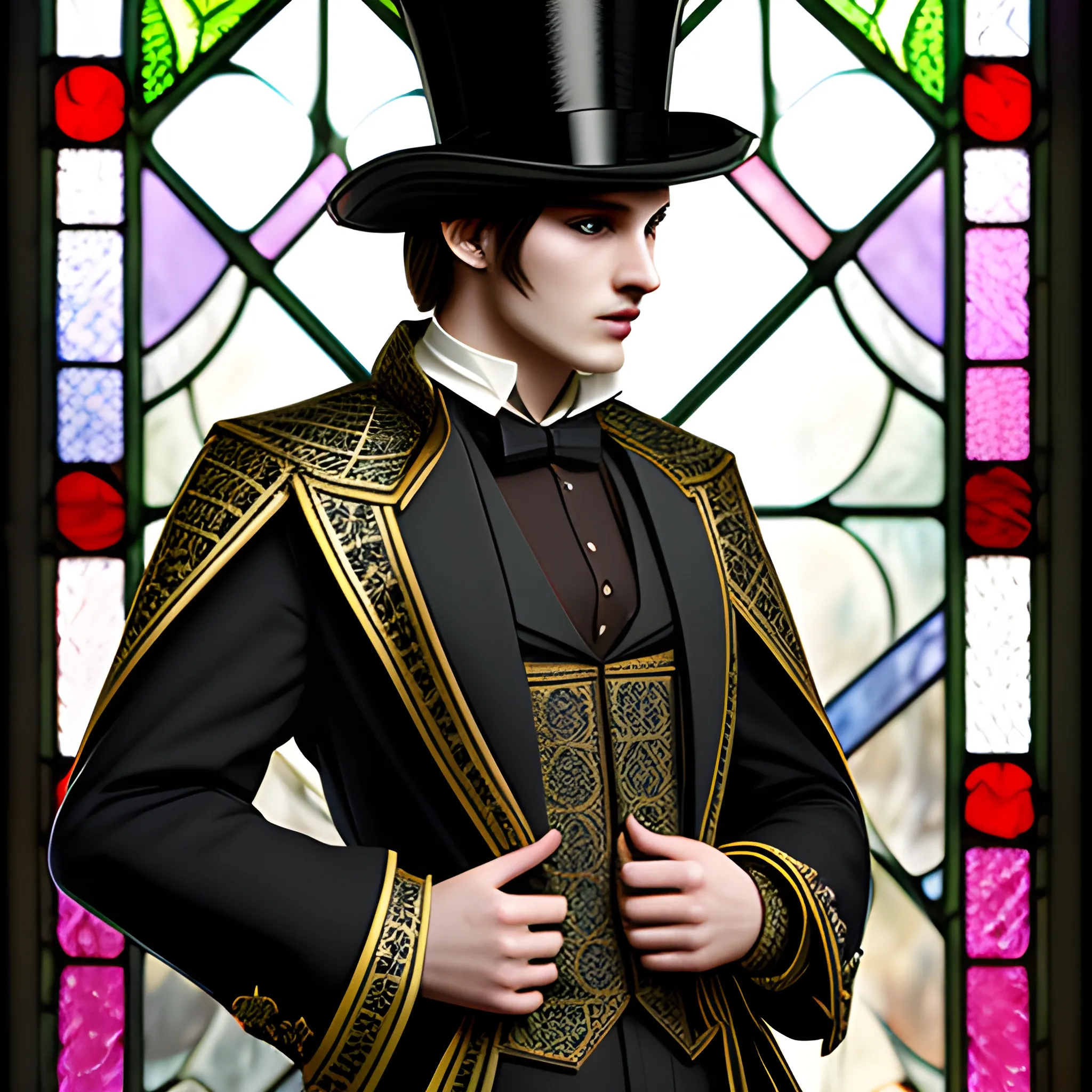 Medieval Noble, fantasy, stylish, elegant, wearing stained glass jacket, ray tracing, high details, sharp focus, concept art, a male, with top hat