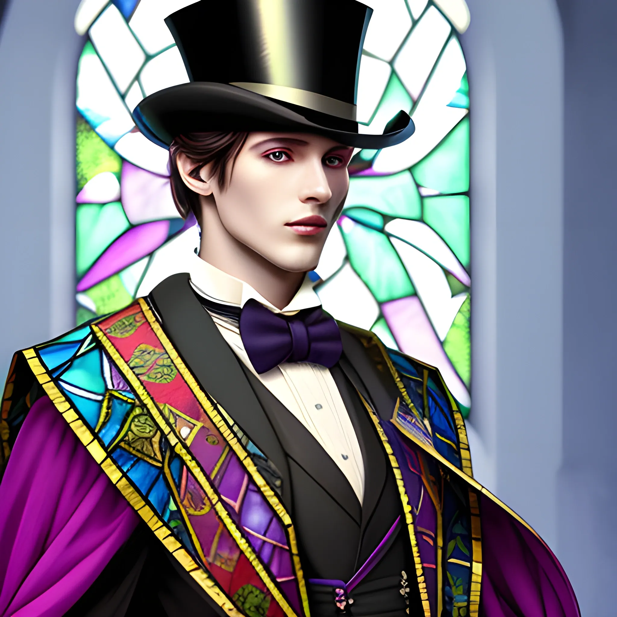 Medieval Noble, fantasy, stylish, elegant, wearing colorful stained glass jacket, ray tracing, high details, sharp focus, concept art, a male, with top hat