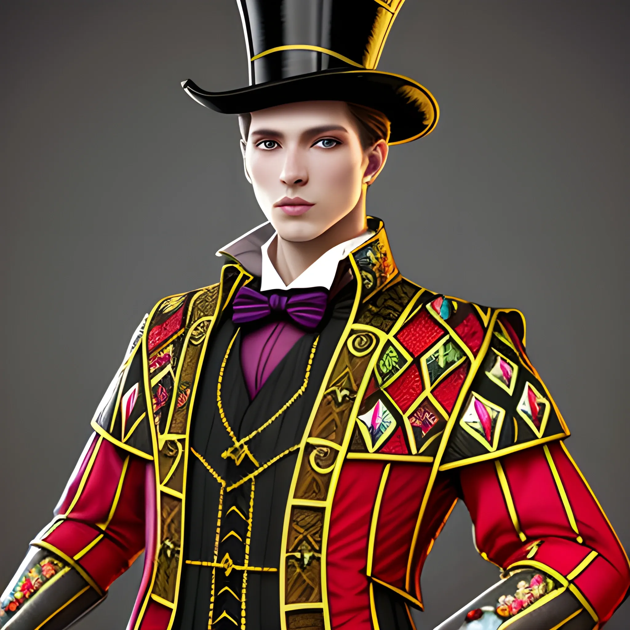 Medieval Noble, fantasy, stylish, elegant, wearing colorful stained glass jacket, ray tracing, high details, sharp focus, concept art, a male, with top hat