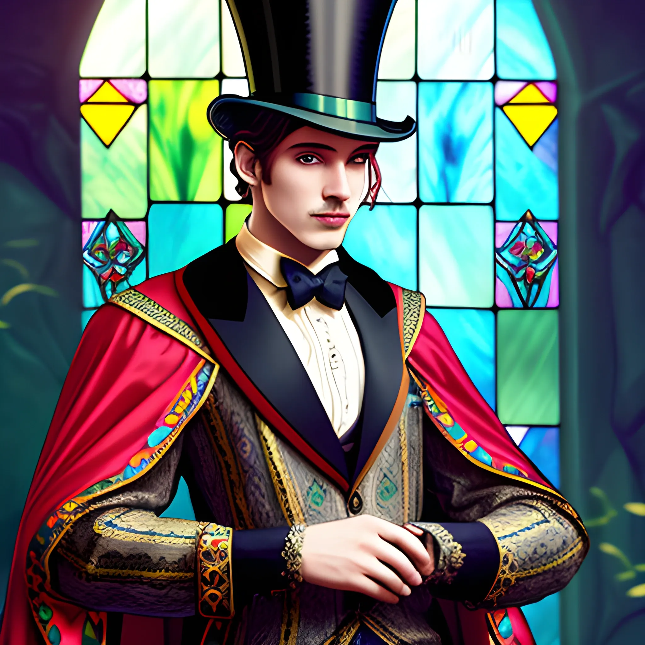 Medieval Noble, fantasy, stylish, elegant, wearing colorful stained glass jacket, ray tracing, high details, sharp focus, concept art, a male, with top hat