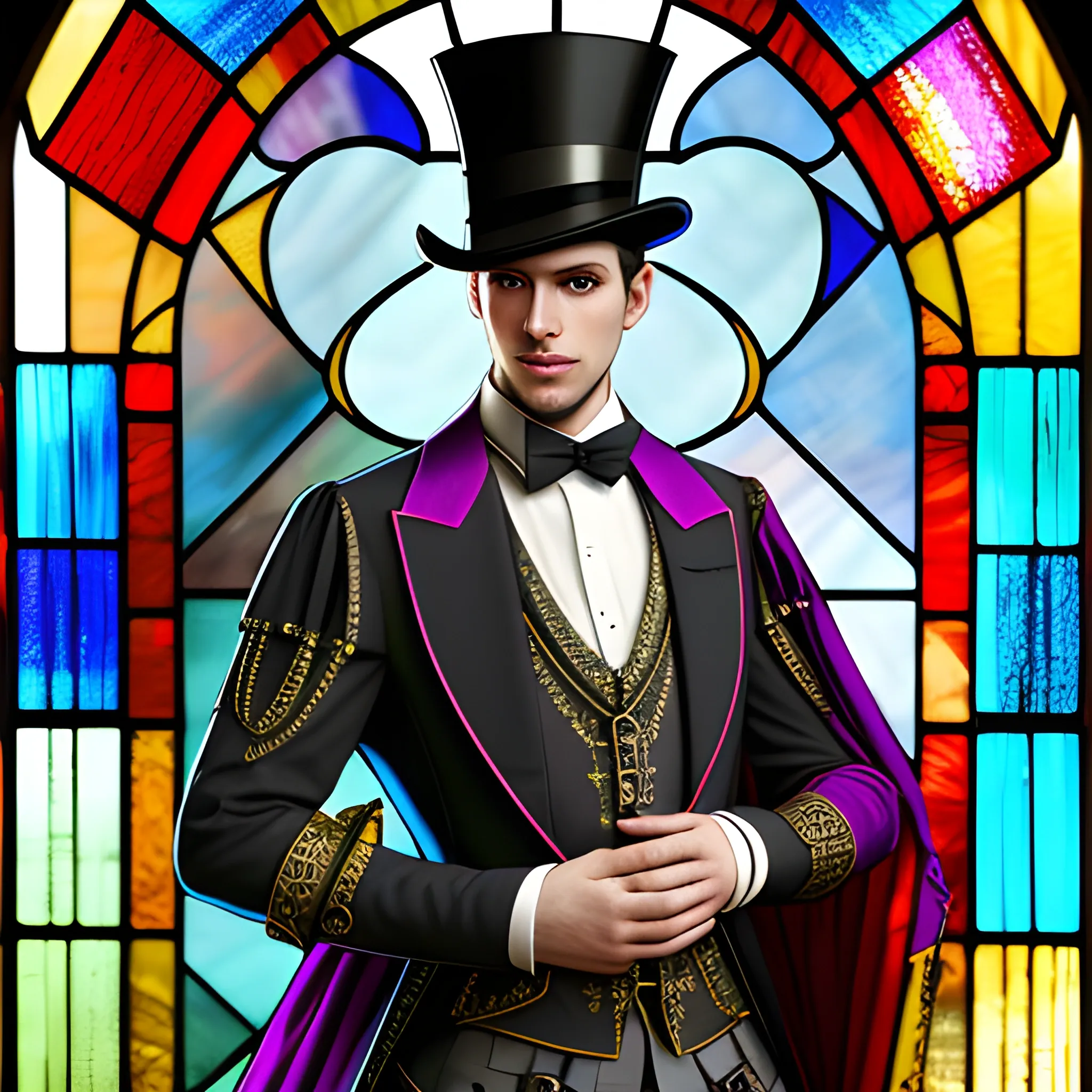 Medieval Noble, fantasy, stylish, elegant, wearing colorful stained glass jacket, ray tracing, high details, sharp focus, concept art, a male, with top hat