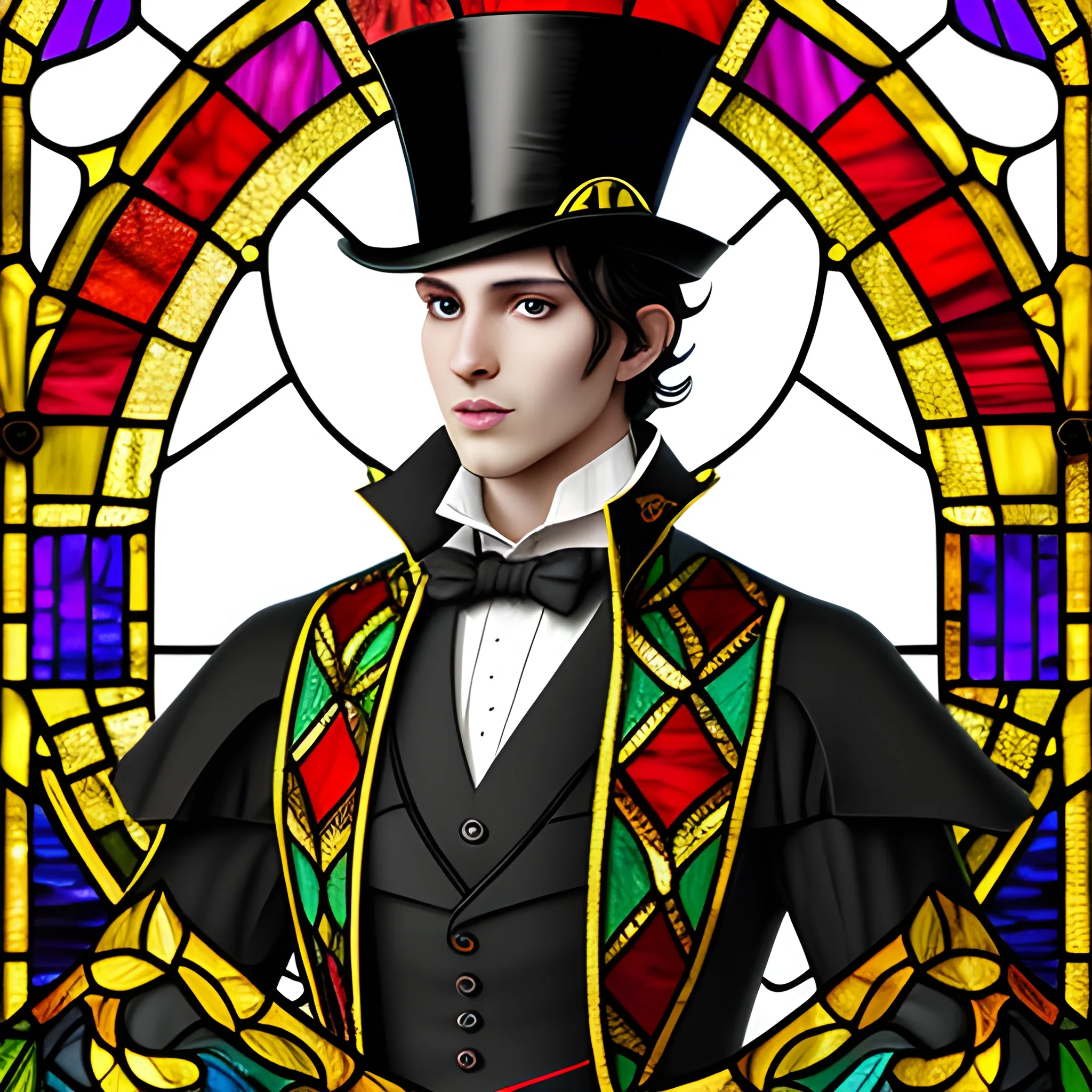 Medieval Noble, fantasy, stylish, elegant, wearing colorful stained glass jacket, ray tracing, high details, sharp focus, concept art, a male, with top hat