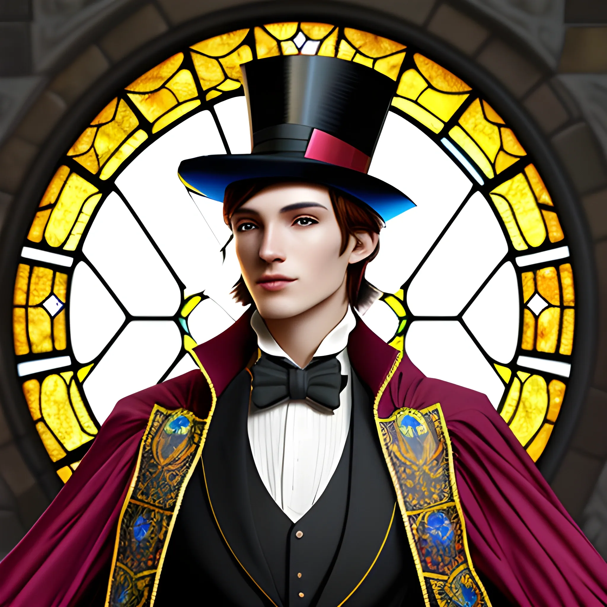 Medieval Noble, fantasy, stylish, elegant, wearing colorful stained glass jacket, ray tracing, high details, sharp focus, concept art, a male, with top hat