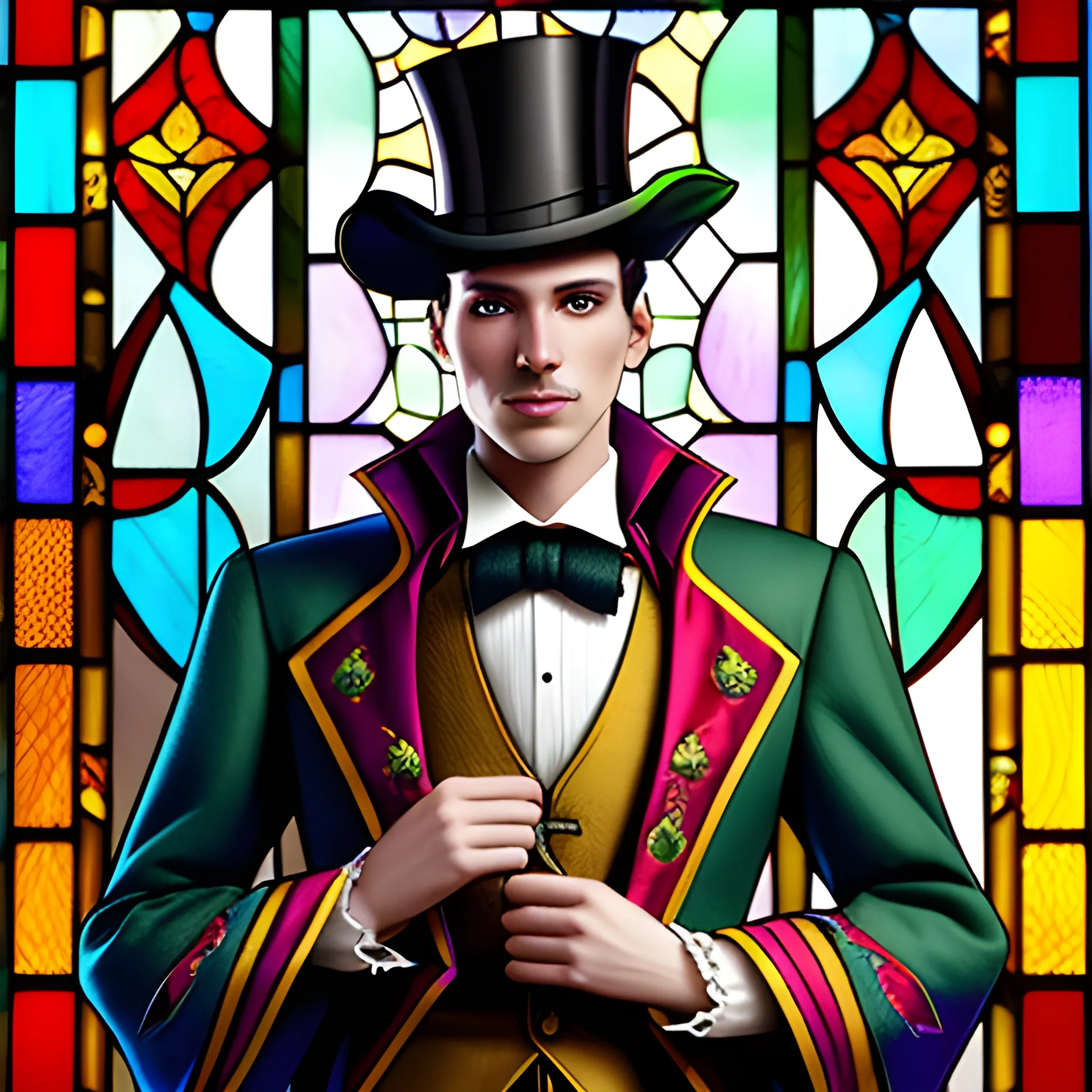 Medieval Noble, fantasy, stylish, elegant, wearing colorful stained glass jacket, ray tracing, high details, sharp focus, concept art, a male, with top hat