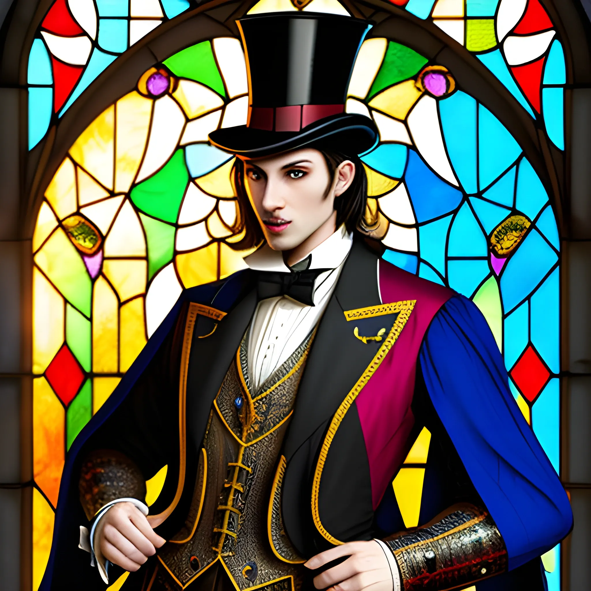 Medieval Noble, fantasy, stylish, elegant, wearing colorful stained glass jacket, ray tracing, high details, sharp focus, concept art, a male, with top hat