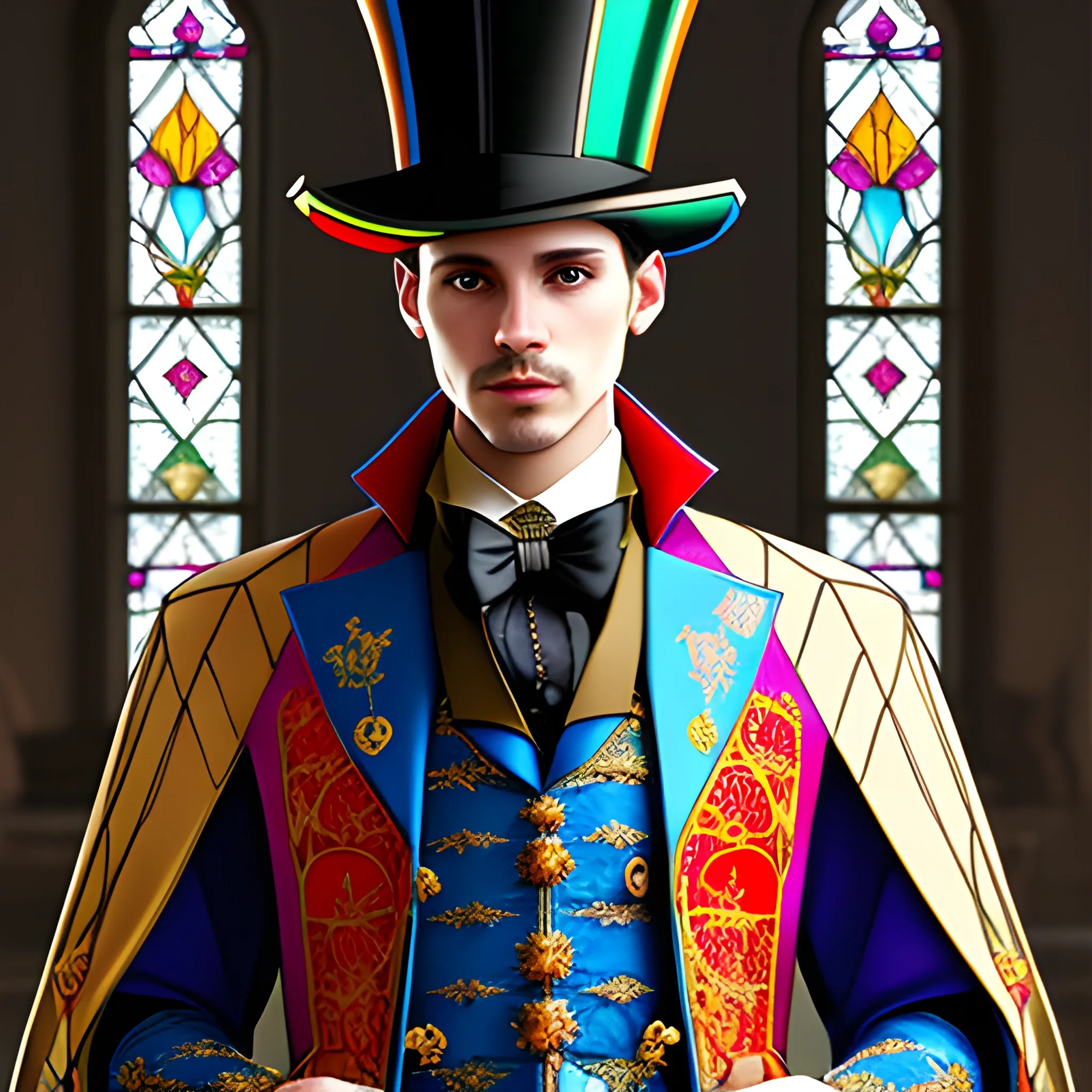 Medieval Noble, fantasy, stylish, elegant, wearing colorful stained glass jacket, ray tracing, high details, sharp focus, concept art, a male, with top hat