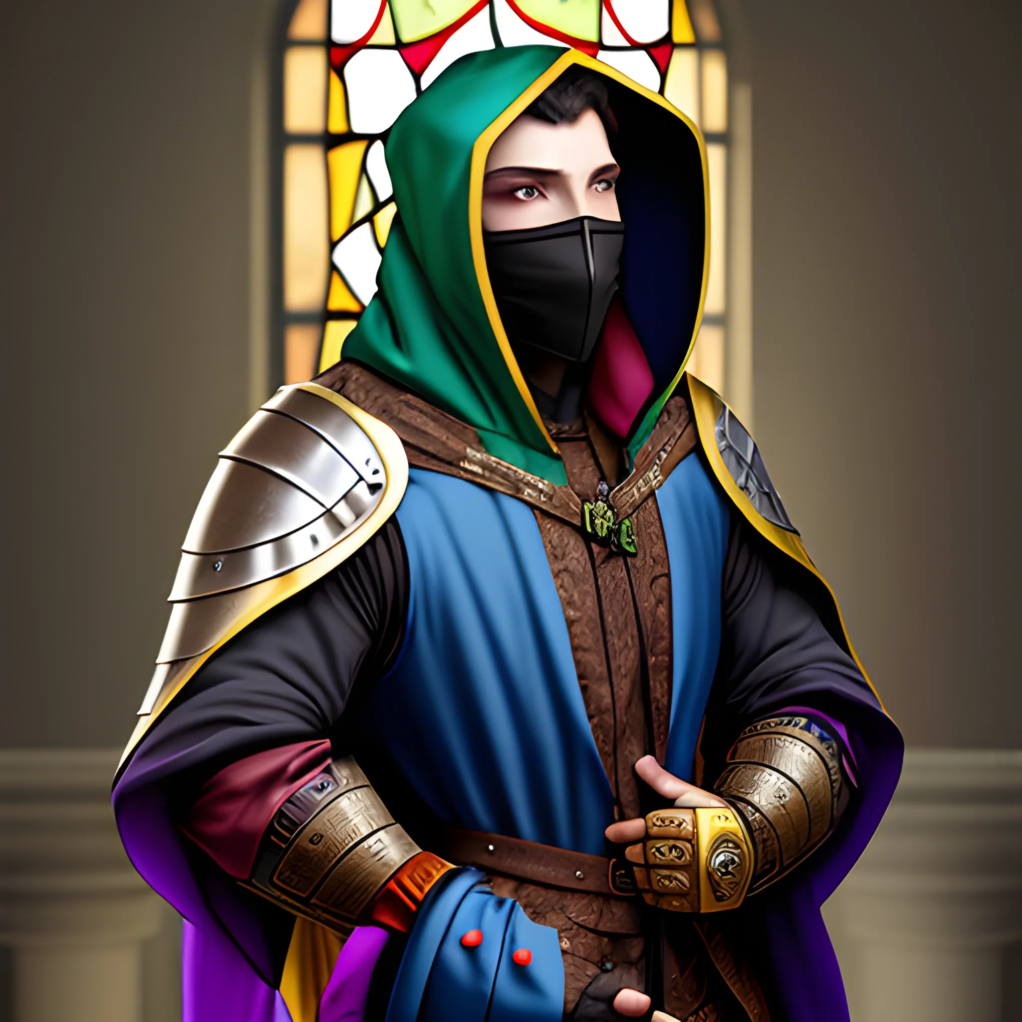 Medieval Noble, fantasy, stylish, elegant, wearing colorful stained glass jacket, ray tracing, high details, sharp focus, concept art, a male, with hood and cloth mask