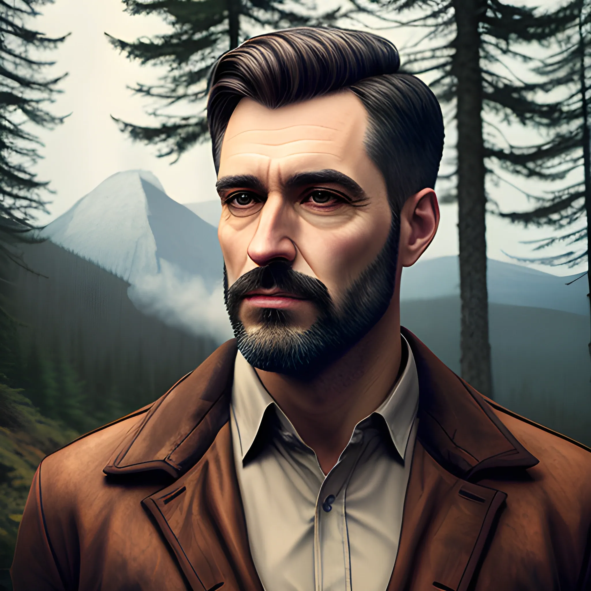 A young man smoke, mountains, woods, hyper-realistic portrait style,