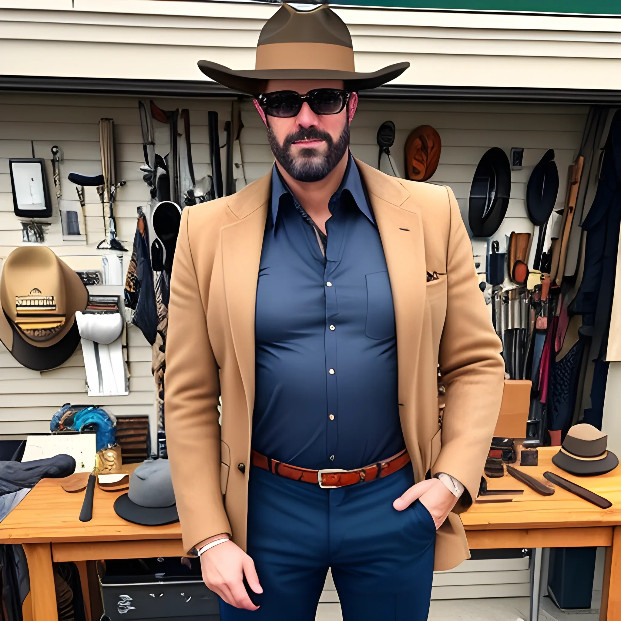 A young girl wearing a cowboy hat stands in a Garage Sale , style is lifestyle