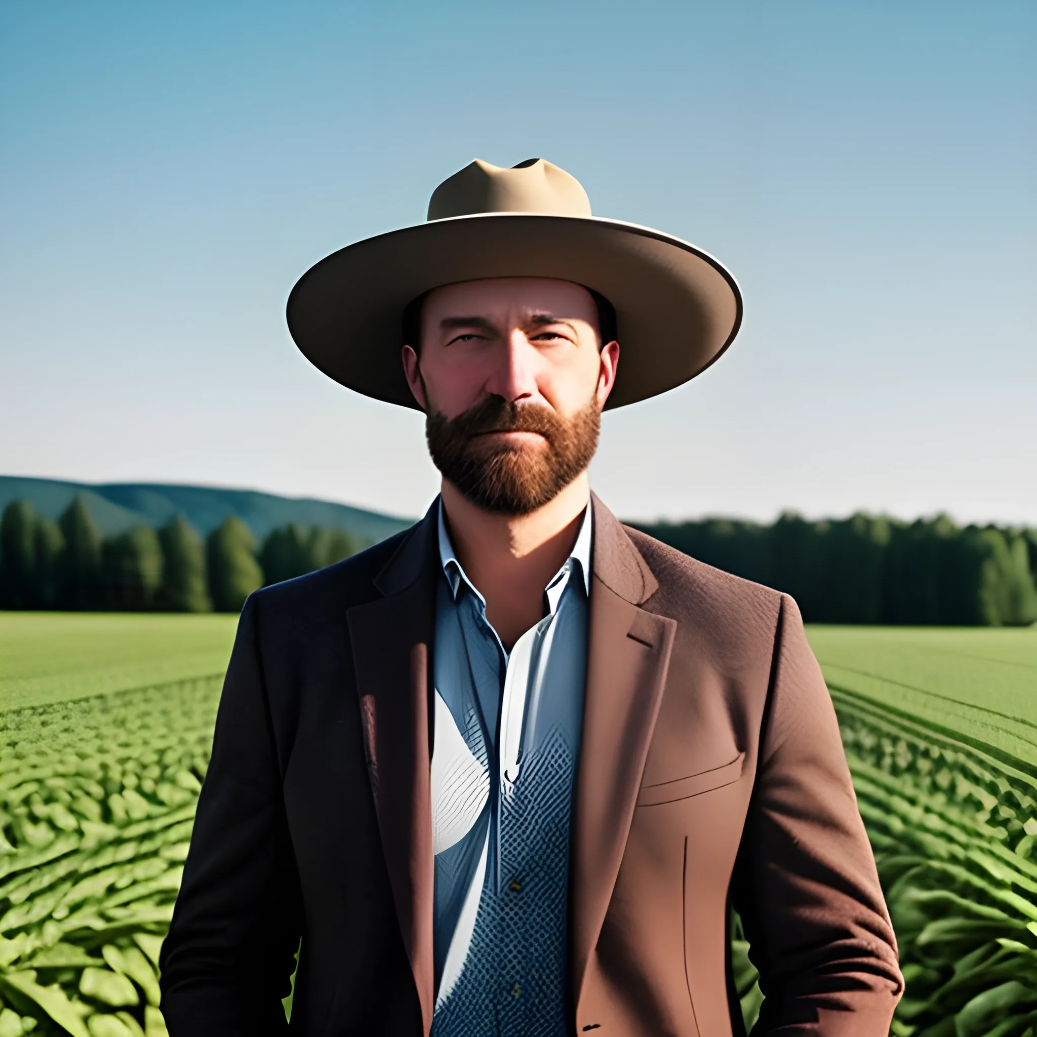 A young girl wearing a cowboy hat stands in a farm field, style is lifestyle
