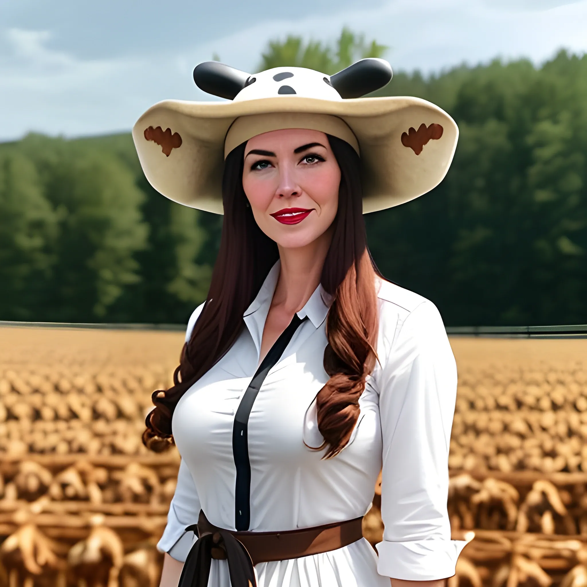 A young girl wearing a cow hat stands in a farm field, style is lifestyle
