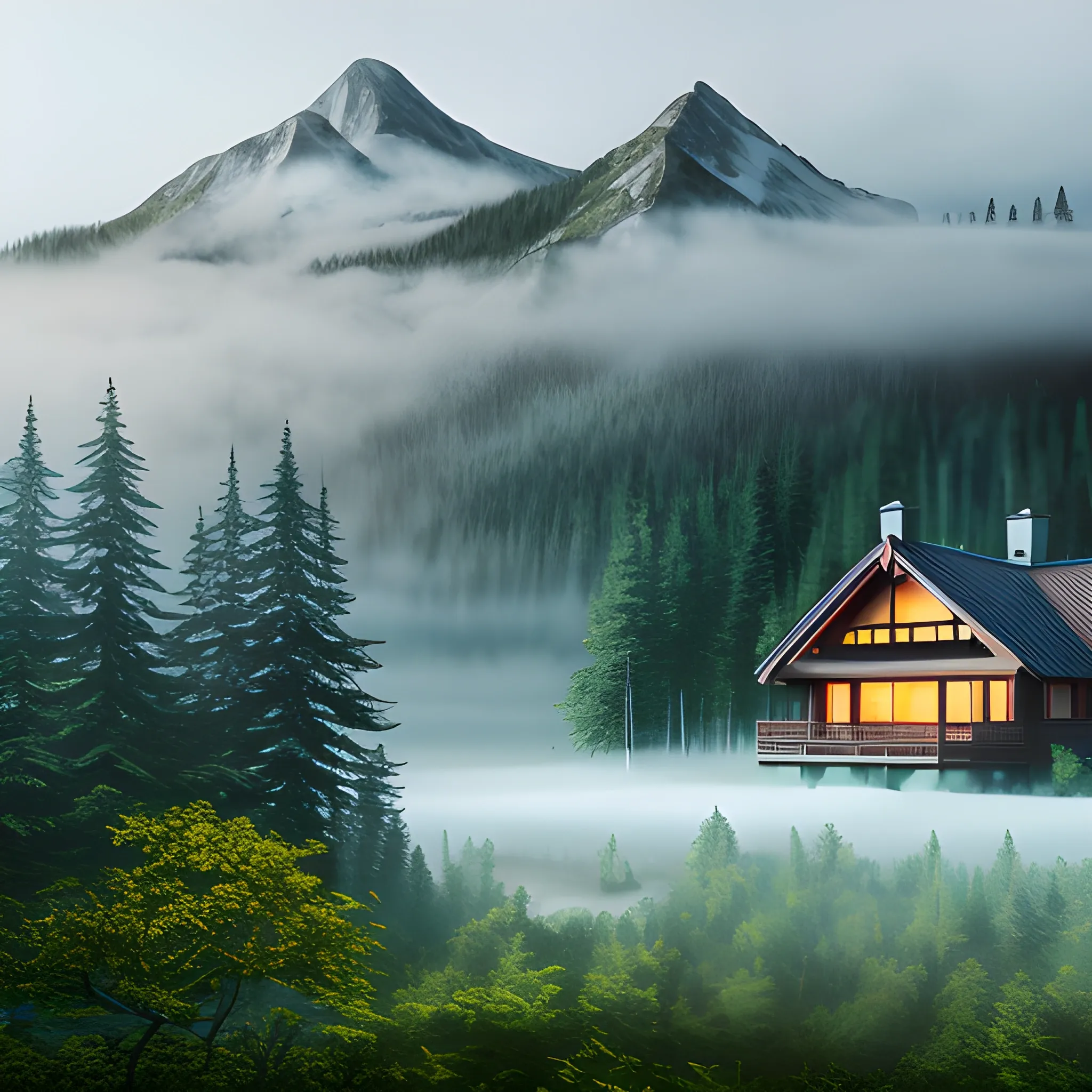 Small house in the forest surrounded by fog in the background a big mountain. and a lake, 4k, hyper realistic, 