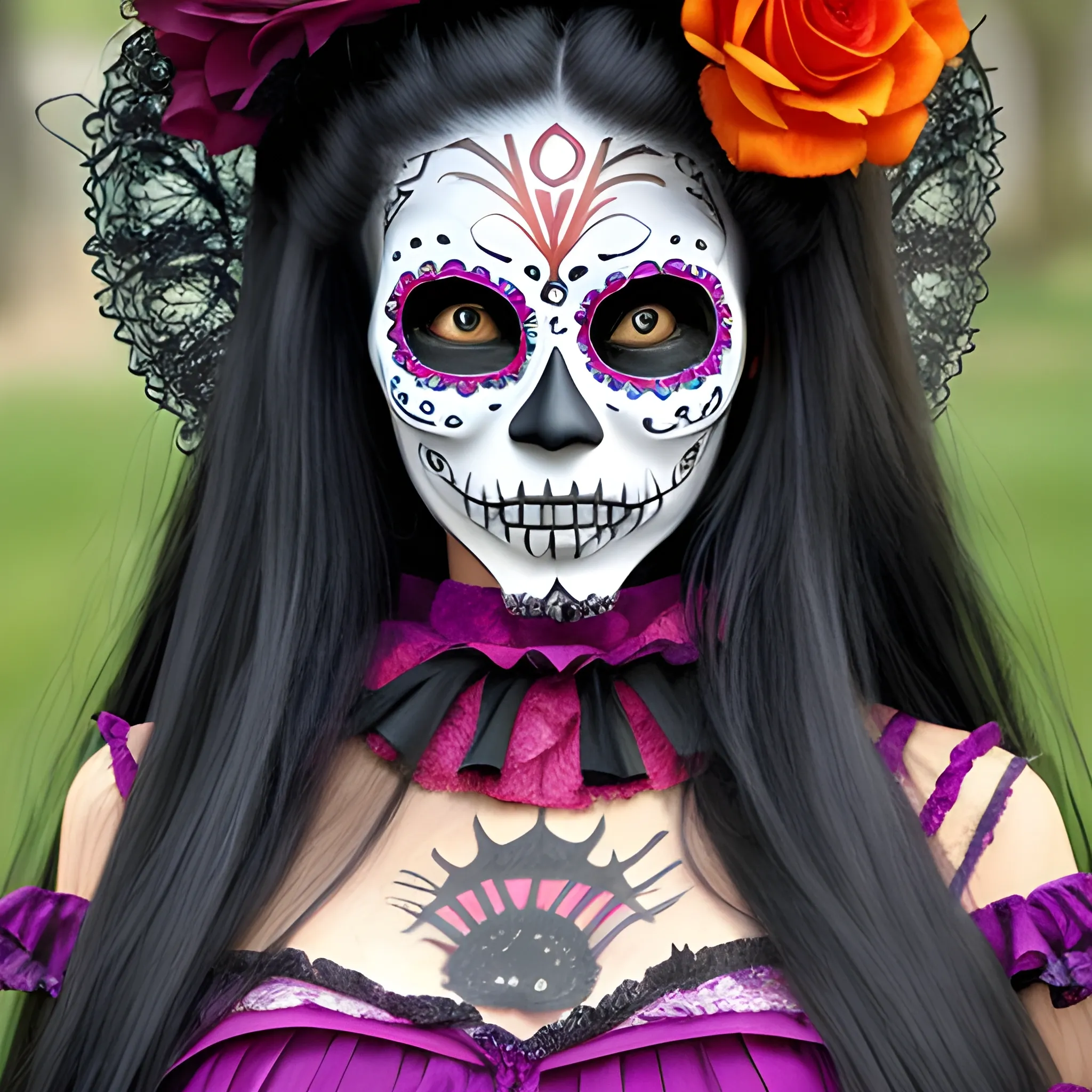 amazing catrina, day of the dead mask,  long hair, realistic
