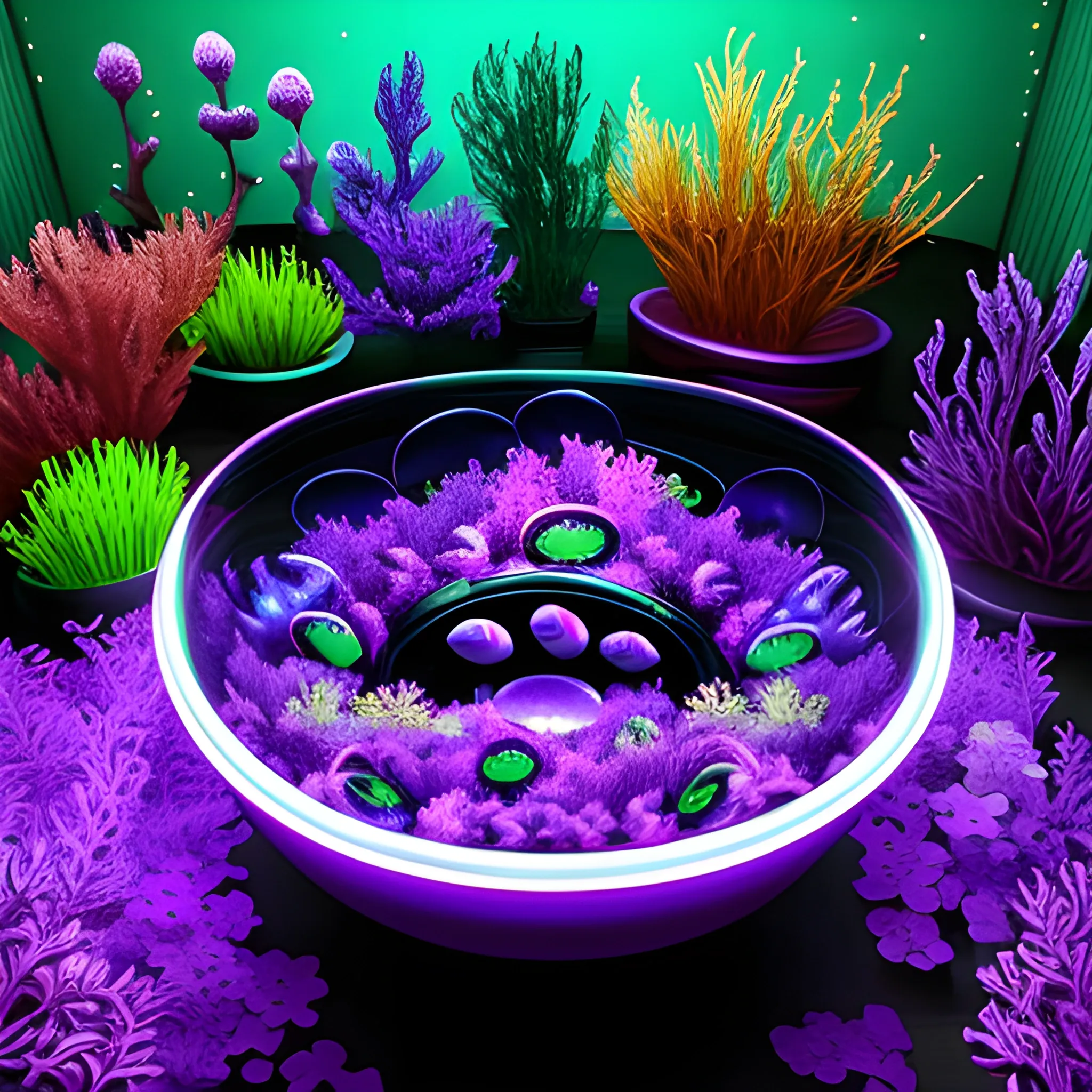 , Trippy a purple glowing fisbowl with many fishes inside