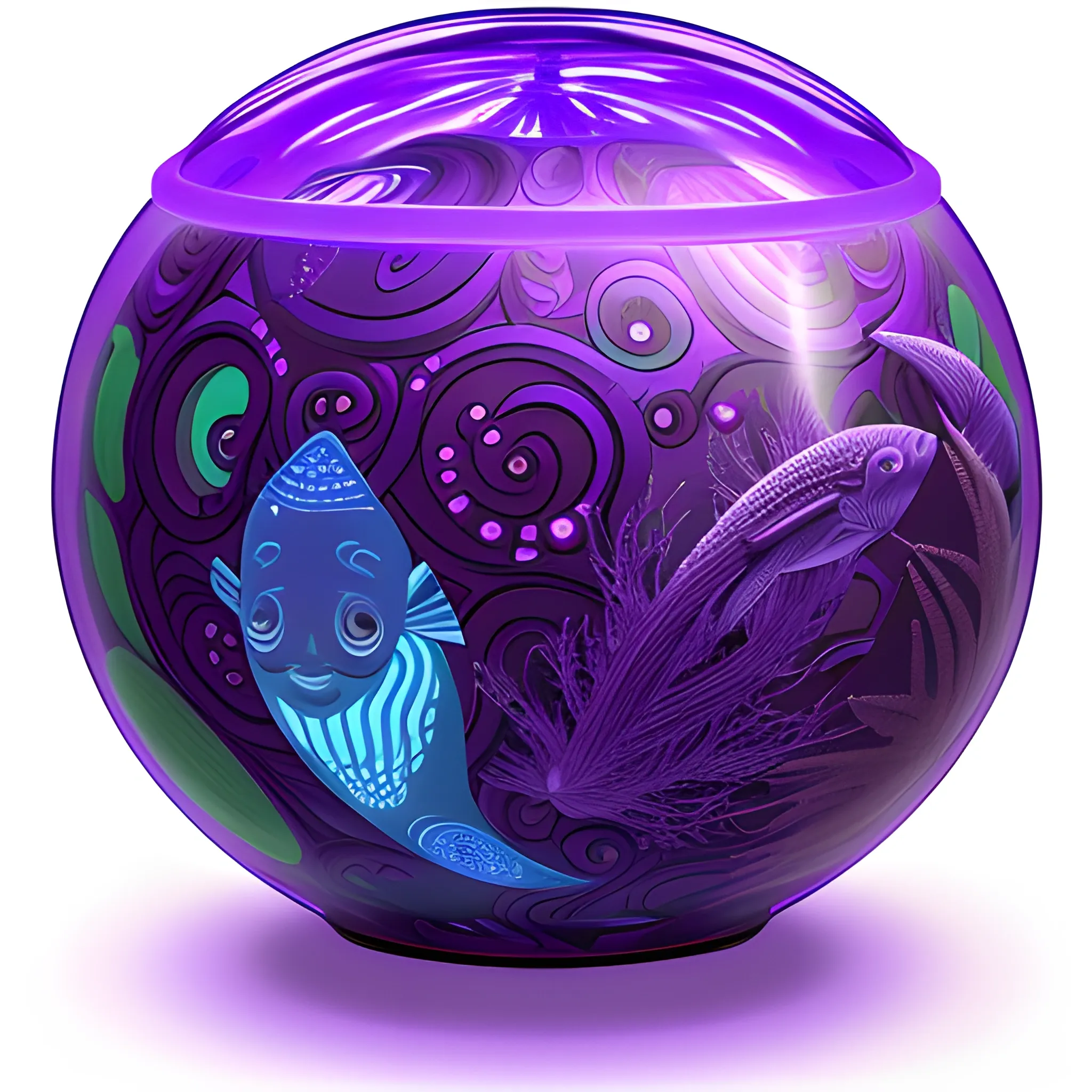 a purple glowing sphere fisbowl with many fishes inside, Trippy digital art, icon