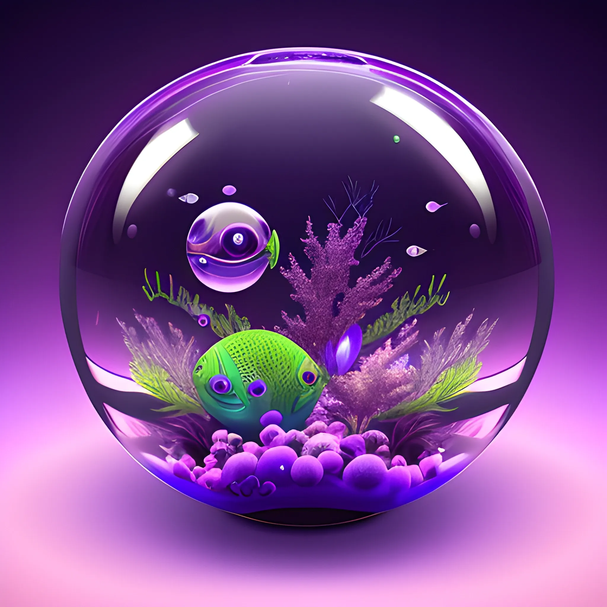 a purple glowing sphere fisbowl with many fishes inside, Trippy digital art, icon